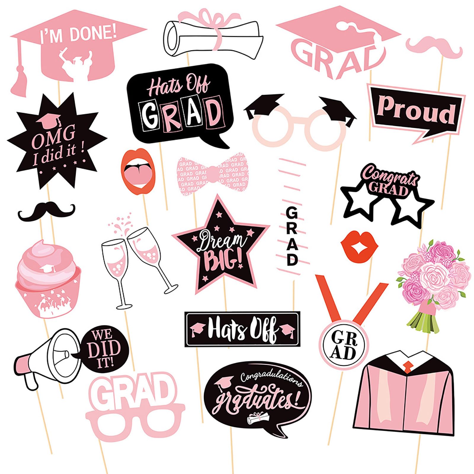 Kalor Pink Graduation Photo Booth Props 2025, 25 Pcs Class Of 2025 Grad Decor For Graduation Party Supplies