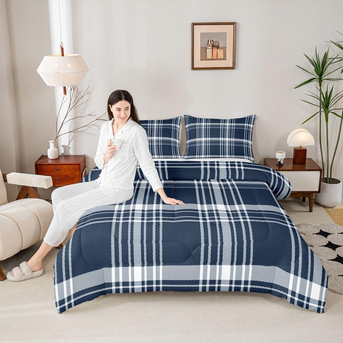 jejeloiu Classic Plaid Bedding Set Soft for Boys Girls, Blue Checkerboard Comforter Set Queen Size Aesthetic Grid Duvet Quilt Microfiber Farmhouse Bedroom Decor 3 Pcs with 2 Pillow Cases