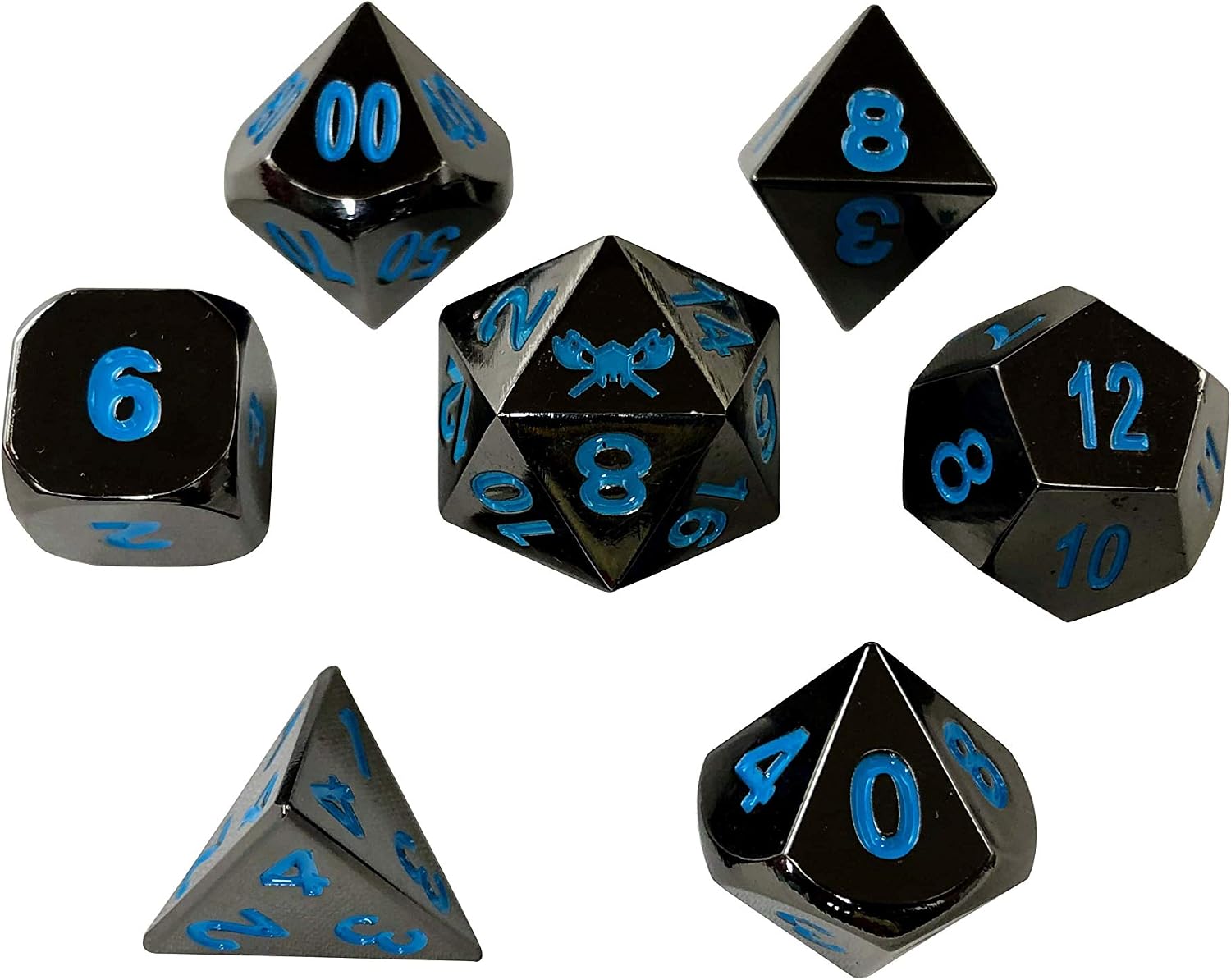 SkullSplitter Metal DND Dice Set - Black with Blue Numbering - Set of 7 Solid Polyhedral Metal Dice for RPG - Heavy Duty DND Dice for Tabletop RPG, Fantasy and Sci-Fi Games - Includes Metal Case