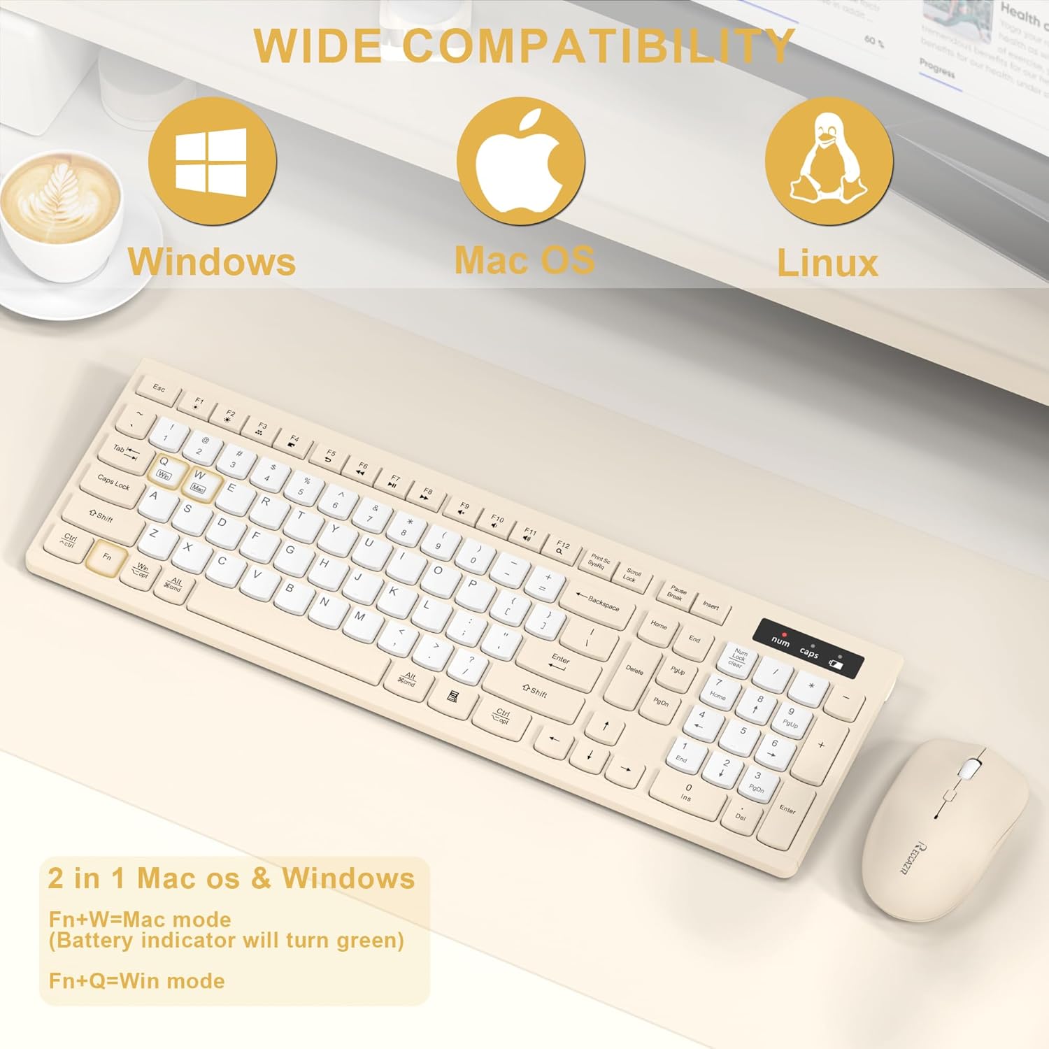 Silent Wireless Keyboard and Mouse Combo, Full-Sized Wireless Keyboard and Adjustable DPI Mouse, 2.4GHz USB Receiver, Keyboard and Mouse for PC, Windows, MAC, Desktop, Laptop(Latte-Color B) - Image 6