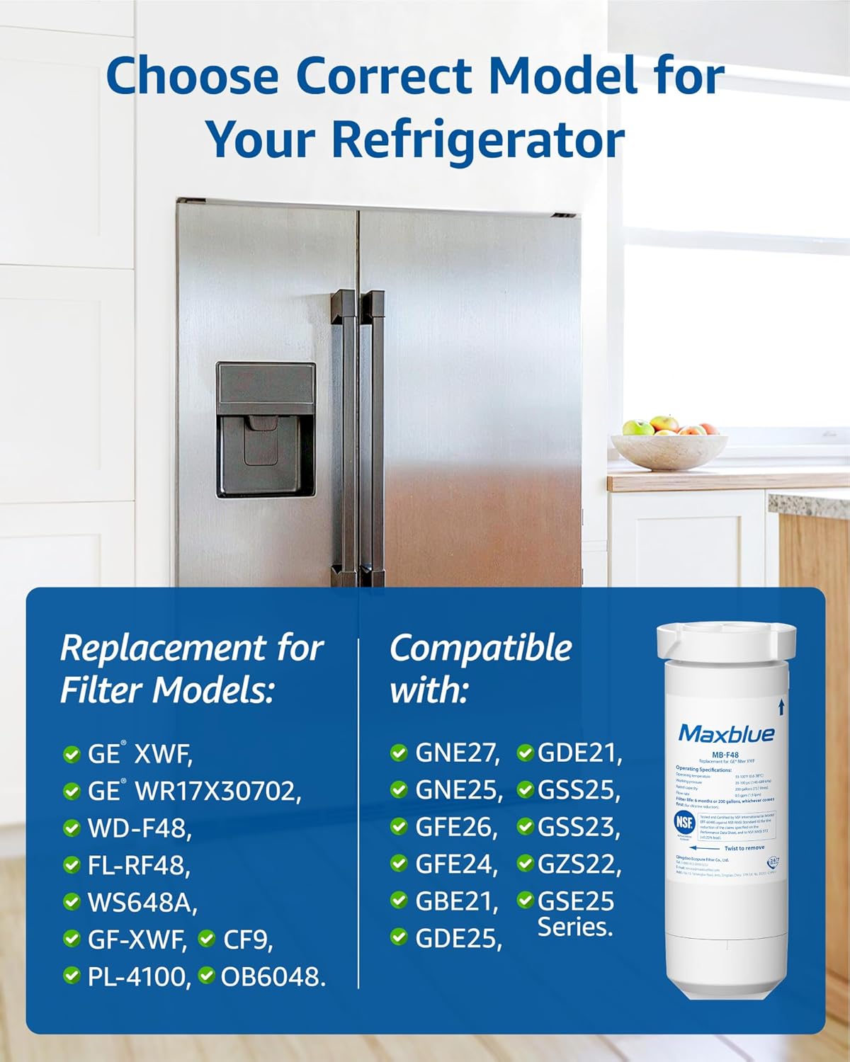 Maxblue XWF Replacement for GE® XWF, WR17X30702, NSF Certified Refrigerator Water Filter, 3 Filters (Not XWFE®)