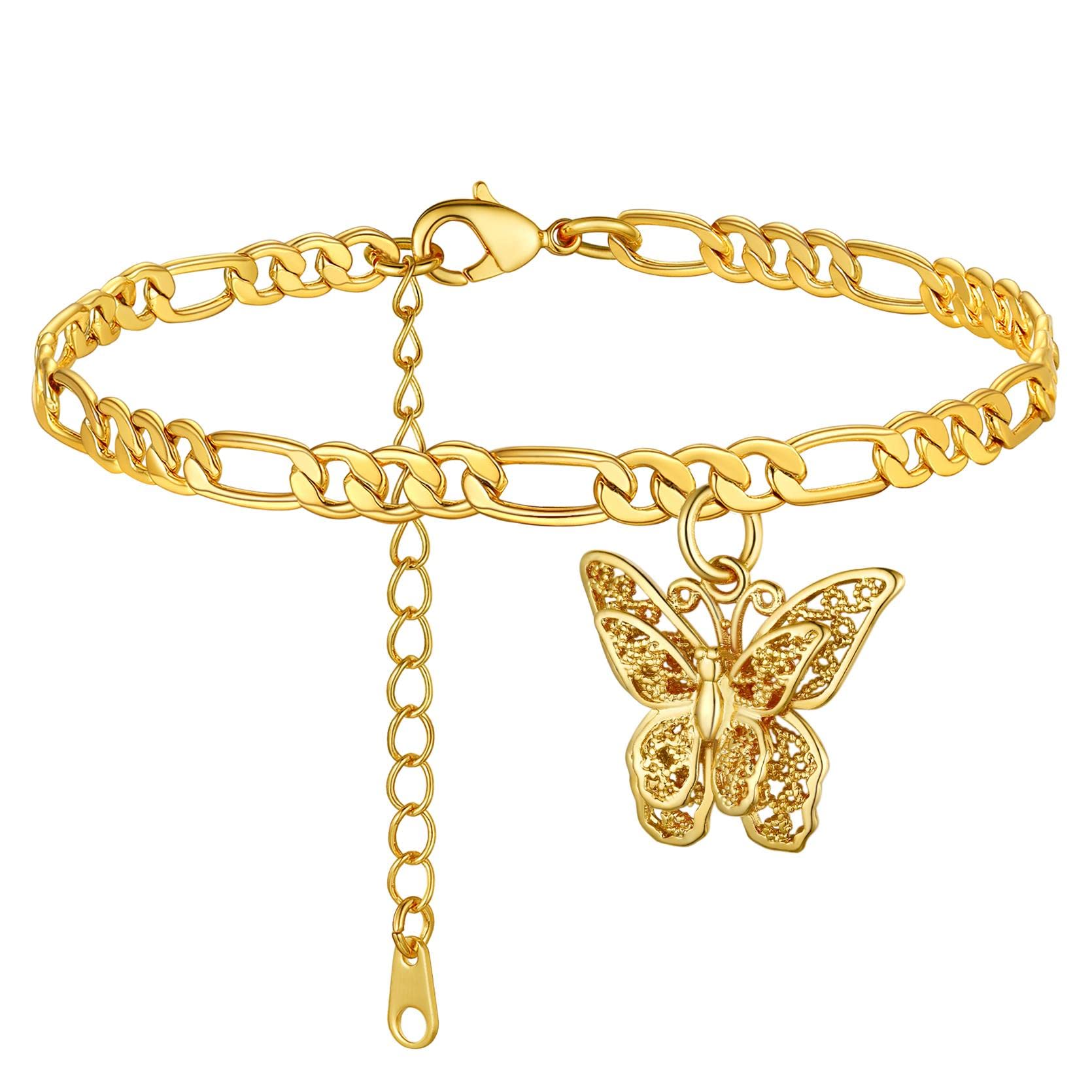 GoldChic Jewelry Gold Butterfly Anklets for Women,Cute Figaro Chain Ankle Bracelets Foot Chains 8.5+2 Inches