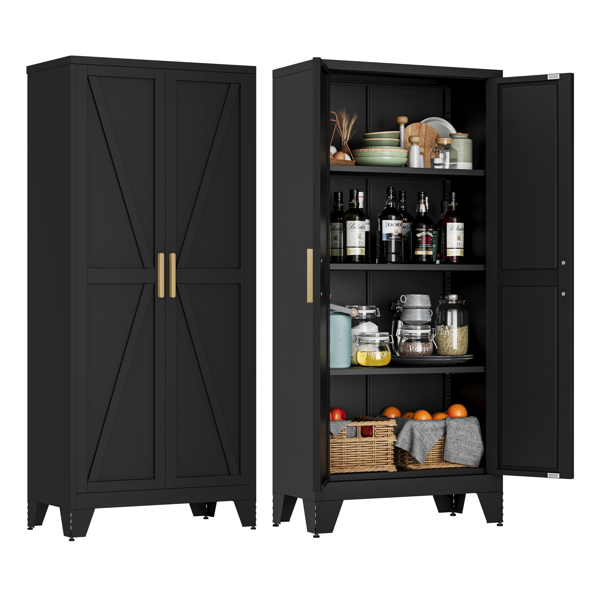 LCAOPC 61 inch Tall Metal Storage Cabinet in a kitchen setting with doors open, displaying various items.