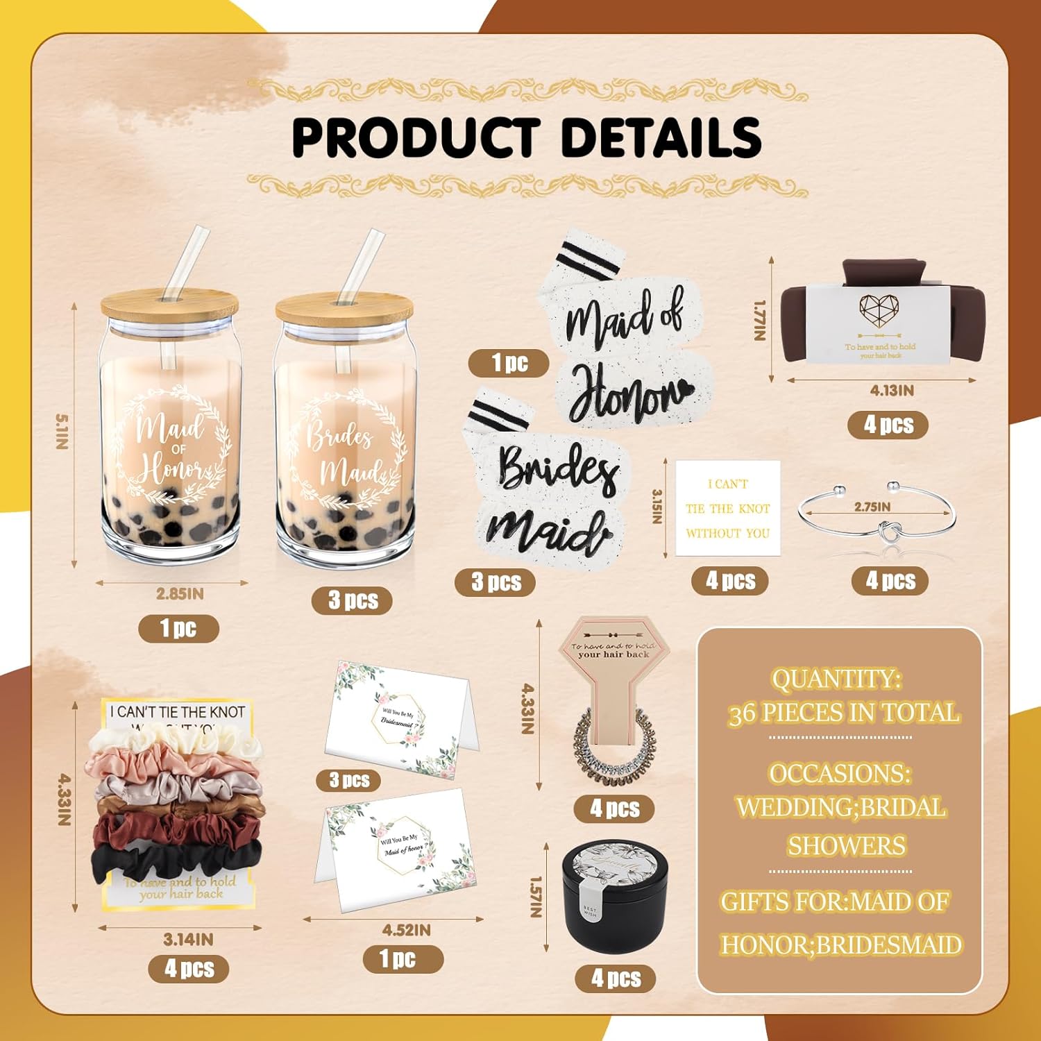 40Pcs Bridesmaid Proposal Box Gifts Set of 4 Will You Be My Maid of Honor Proposal Gifts Set Rectangular Hair Clips Soft Socks Scented Candle Bridesmaid Scrunchies Spiral Hair Ties Bridal Shower