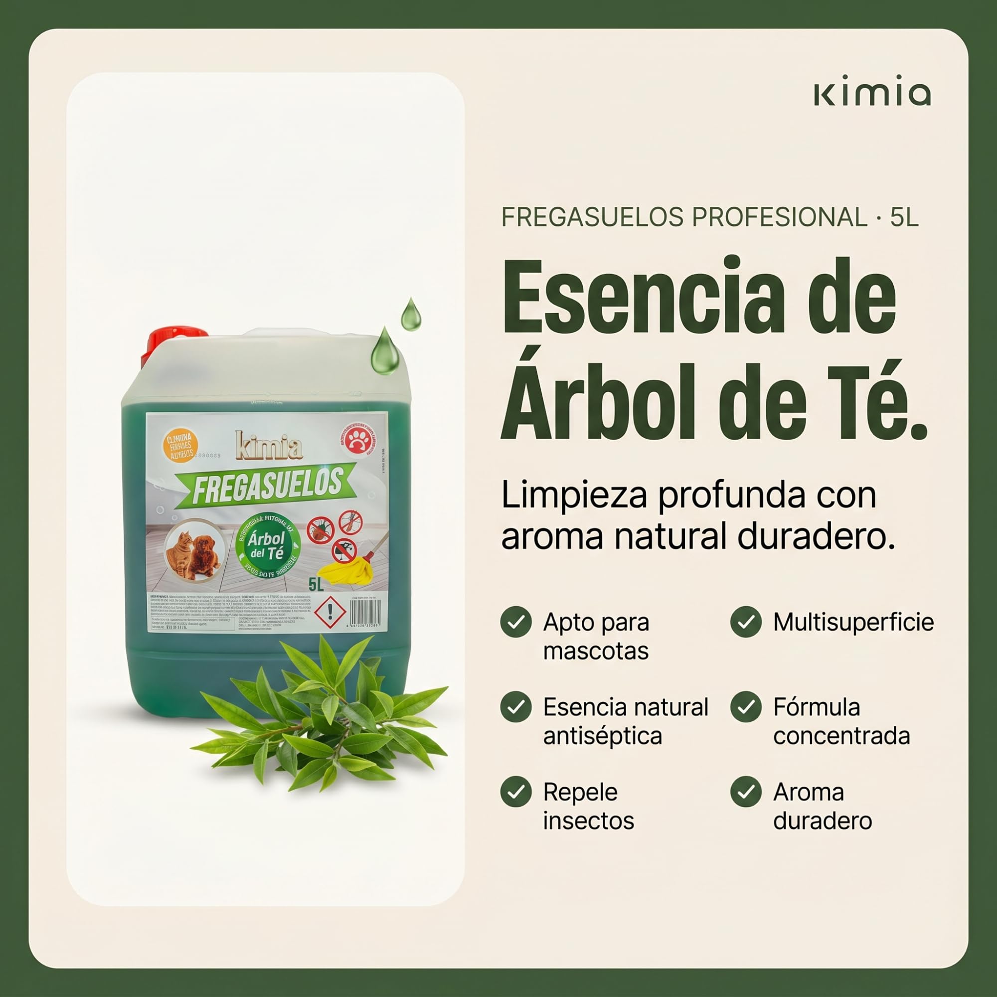 KIMIA Fregasuelos Profesional 5L Limpiasuelos Mascotas Repelente Insectos Concentrado Esencia de Árbol de Té Multisuperficie