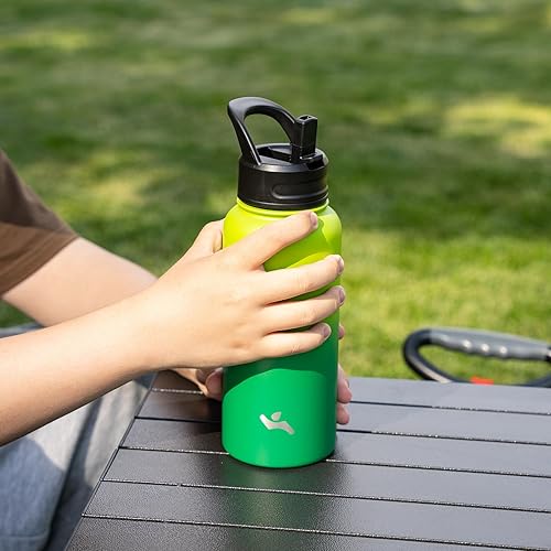 Miniatura 6 de Botella de agua aislada con popote, 32 onzas, 3 tapas, botellas de metal, botella de agua de acero inoxidable, Bamboo Grove