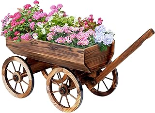 Wood Wagon Planter Box, Rustic Wooden Flower Cart with Rolling Wheels & Drainage Holes, Amish Style Decorative Wheelbarrow for Outdoor Garden Patio Balcony, Brown