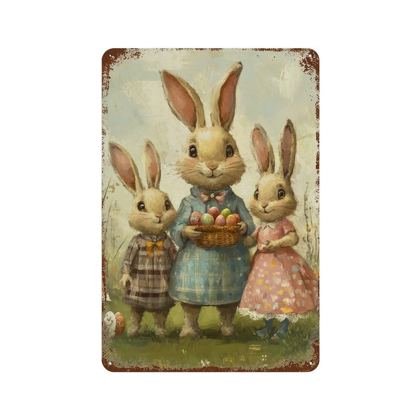 Rusty Metal Tin Sign Easter Bunny Family Scene 11.8"x7.9", Rustic Home Decor for Shed, Workshop And Garage Wall Decor