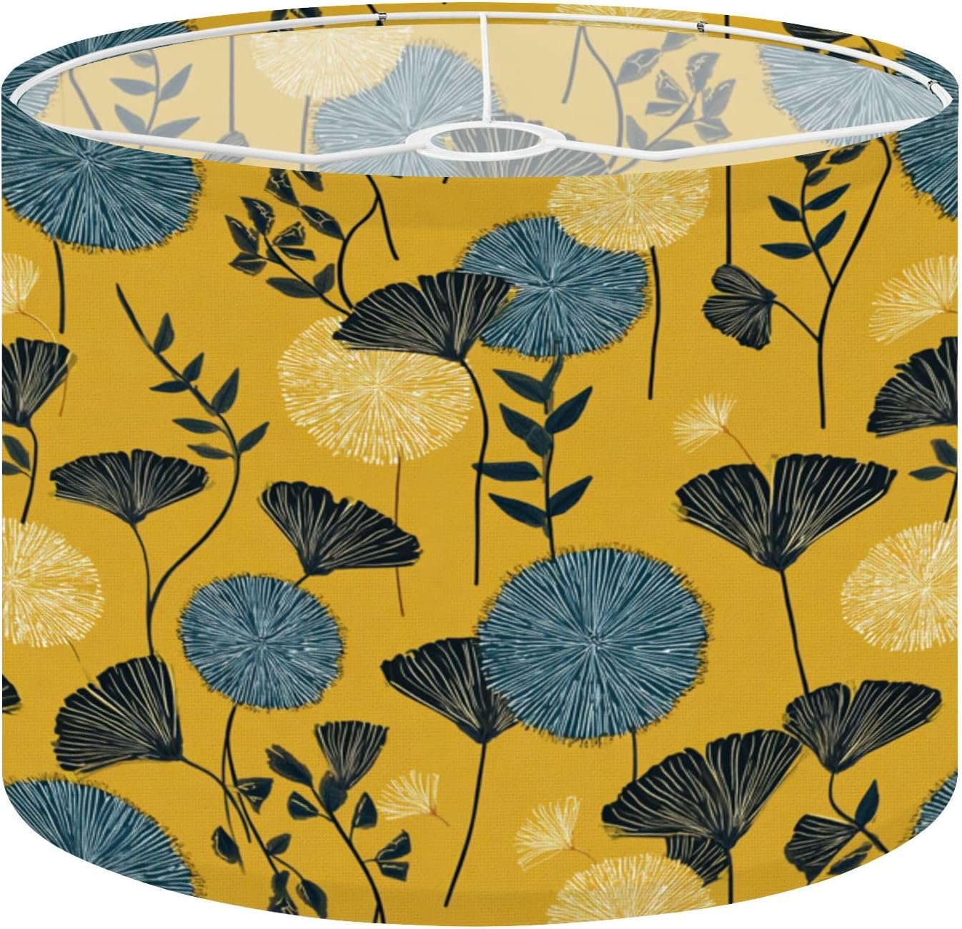 Linen Drum Lamp Shades 1 Pack, 13''Wx10"H, Abstract Floral Blue Yellow Flowers Mustard Replacement Lampshades for Floor Lamps Table Lamps Modern Farmhouse Lampshade Easy Assembly