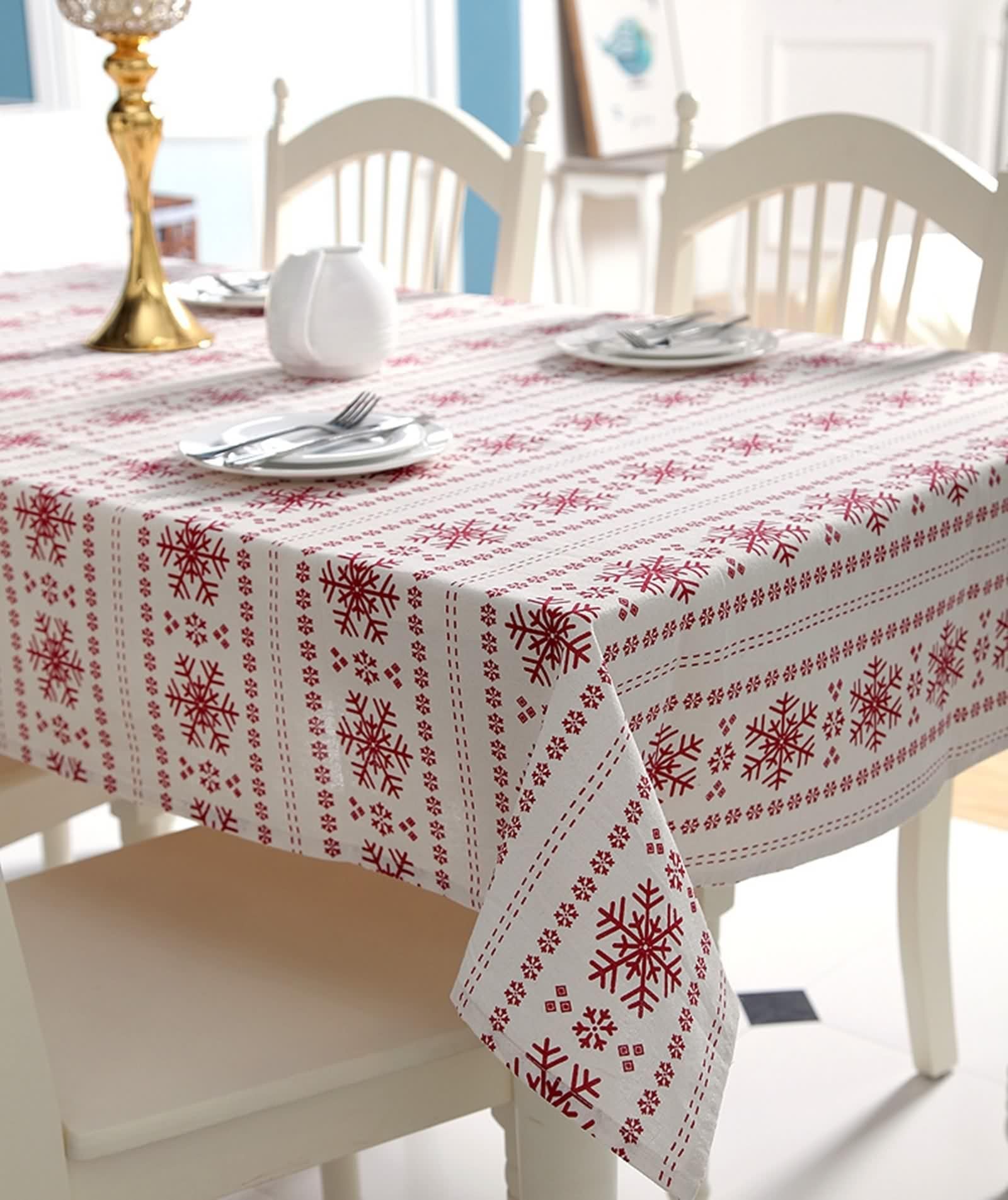 Tischdecke Vintage 140X180, Tischdecke Klein Beige Rot Polyester Baumwolle Schneeflocke Bestickt Table Cover für Geburtstag Party Hochzeit