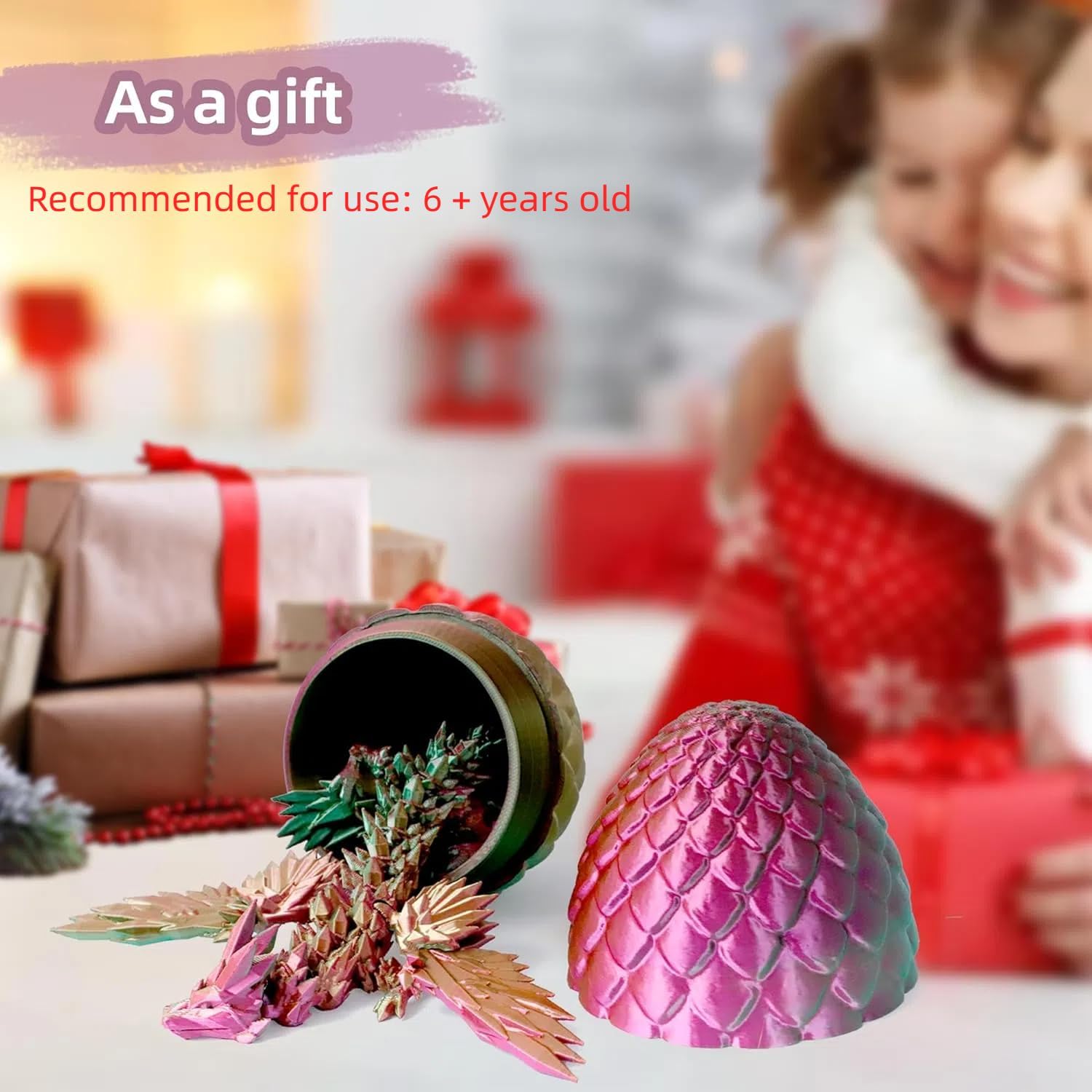 3D Printed Dragon in Egg - Easter Basket Stuffers, Dino Egg with 9" Winged Dragon Inside, Cool Fidget Toy, Birthday Gift, Flexible Desk Pet Figure(Green Fuchsia Gold) - Image 4