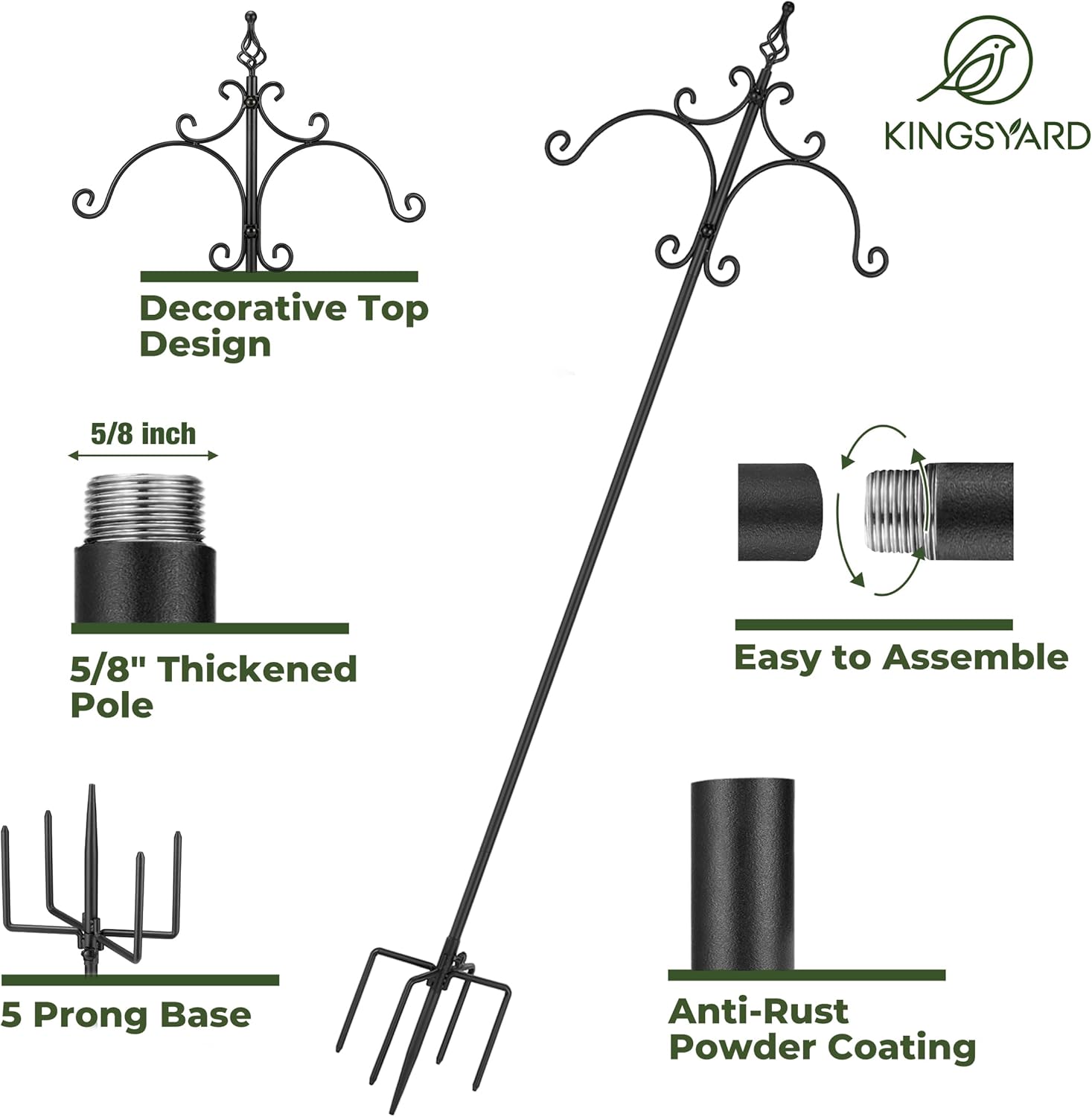 Kingsyard Double Shepherd Hooks for Outdoor - 60" Heavy Duty Decorative Bird Feeder Pole with 5-Prong Base, Adjustable Garden Pole for Hanging Bird Feeders Plants Solar Light Lantern, Black