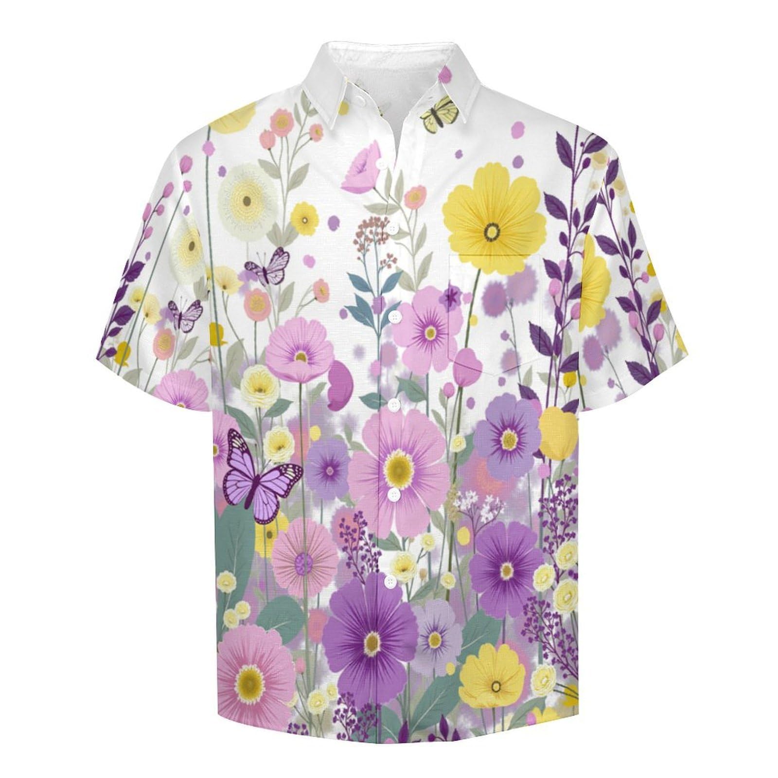 Camicie da Uomo a Maniche Corte con Stampa della Fiori Selvatici in Fiore Fiori Primaverili, Casual Leggere Bottoni Camicia con Tasca Frontale, per Vacanze Spiaggia Estate