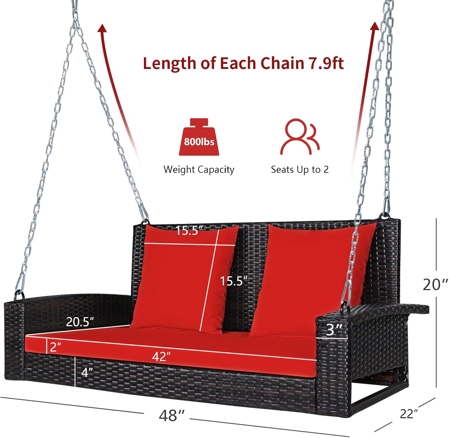 DORTALA Hanging Porch Swing, 2-Person Outdoor Wicker Swing Chair Bench with Cushions, 7.9Ft Steel Chains for Garden, Backyard, Deck & Poolside, Red