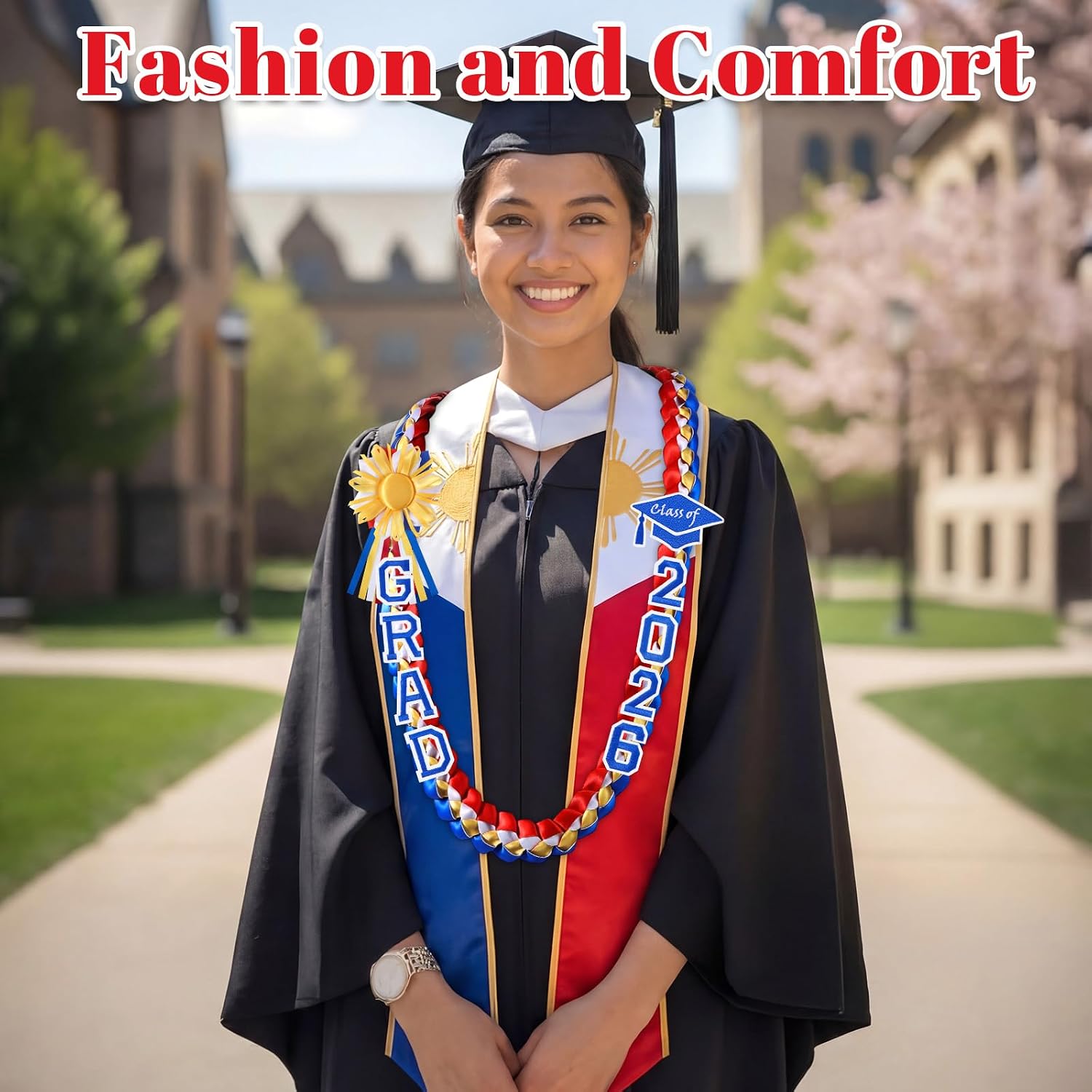 Spakon 2026 Graduation Lei Set, Philippines Embroidered Country Flag Graduation Sash Filipino Stole for Graduate Gifts Party