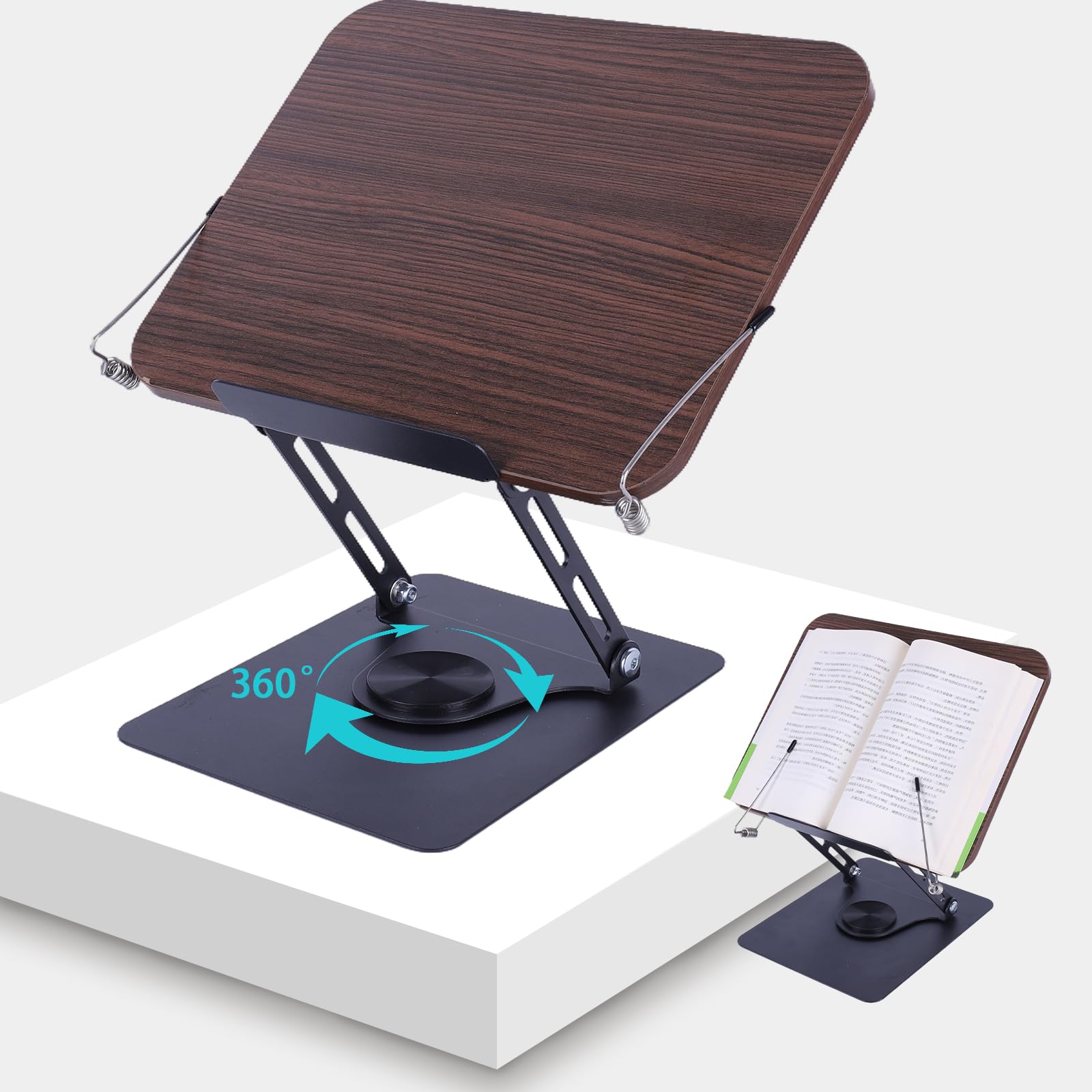 Buchständer Holz Mit 360° Drehbare Basis, Verstellbarer Buchhalter Leseständer Mit Klappbar Und Tragbar,Kochbuchhalter Mit Seitenclip, Leicht Für Büro, Küche, Schule, Lehrbuch, Zeitschrift, Tablet