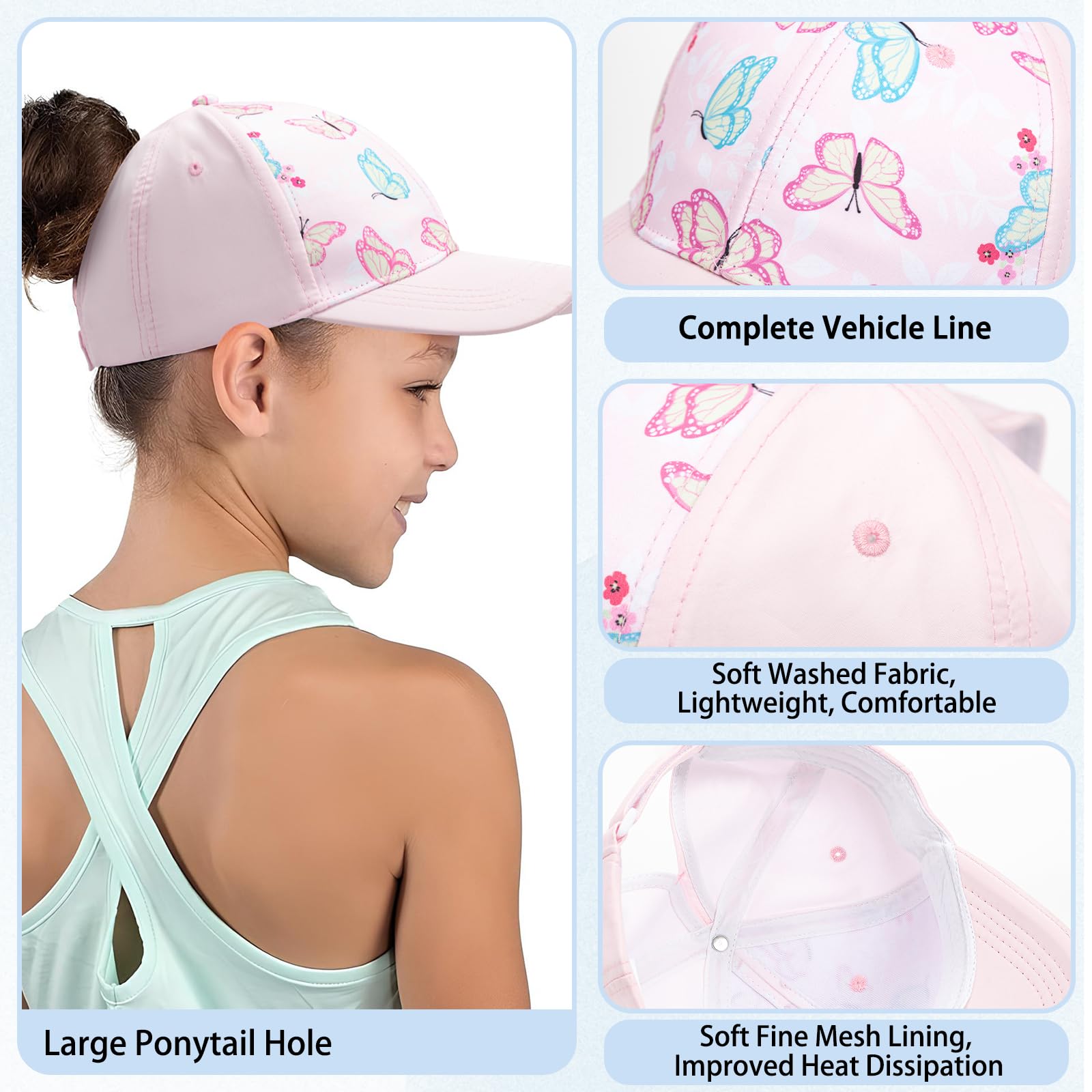 Gorra Niña para 6-8 Años, Béisbol Visera con Agujero para Coleta, Ajustable, Protección Solar UV, Gorro Trucker Verano Primavera 53CM – Regalo para Niñas