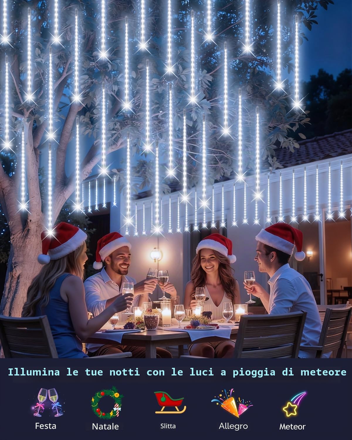 PEMOTech Luci natalizie per esterni, 16 tubi 576 LED da 16 pollici, luci per doccia meteorite all'aperto, luci impermeabili a ghiacciolo, Luces Navideñas para Exteriores, bianco, 15,2 m per albero di