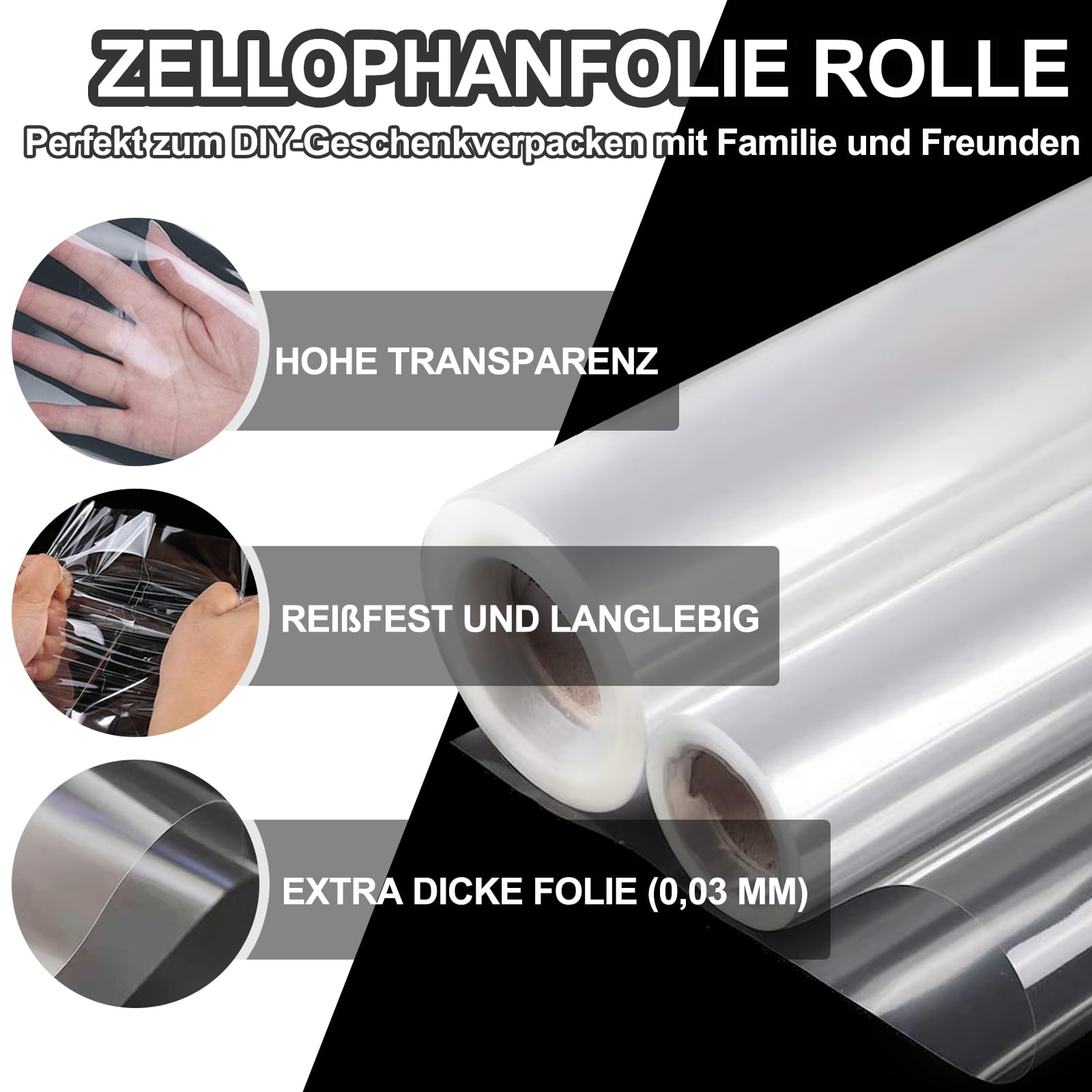 Geschenkfolie Transparent Rolle 44 cm x 30 m, 3 Mil Cellophanfolie Klar, Klarsichtfolie Geschenkfolie für Geschenkkörbe, Blumen, Gebäck & Basteln, Durchsichtiges Geschenkpapier Rolle