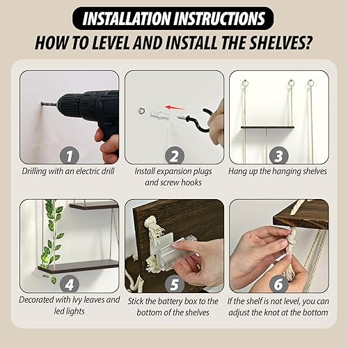 Miniatura 6 de Estantes colgantes para pared, 3 niveles bohemios, decoración de pared, estante colgante con luces de vid, estantes flotantes de madera rústica,