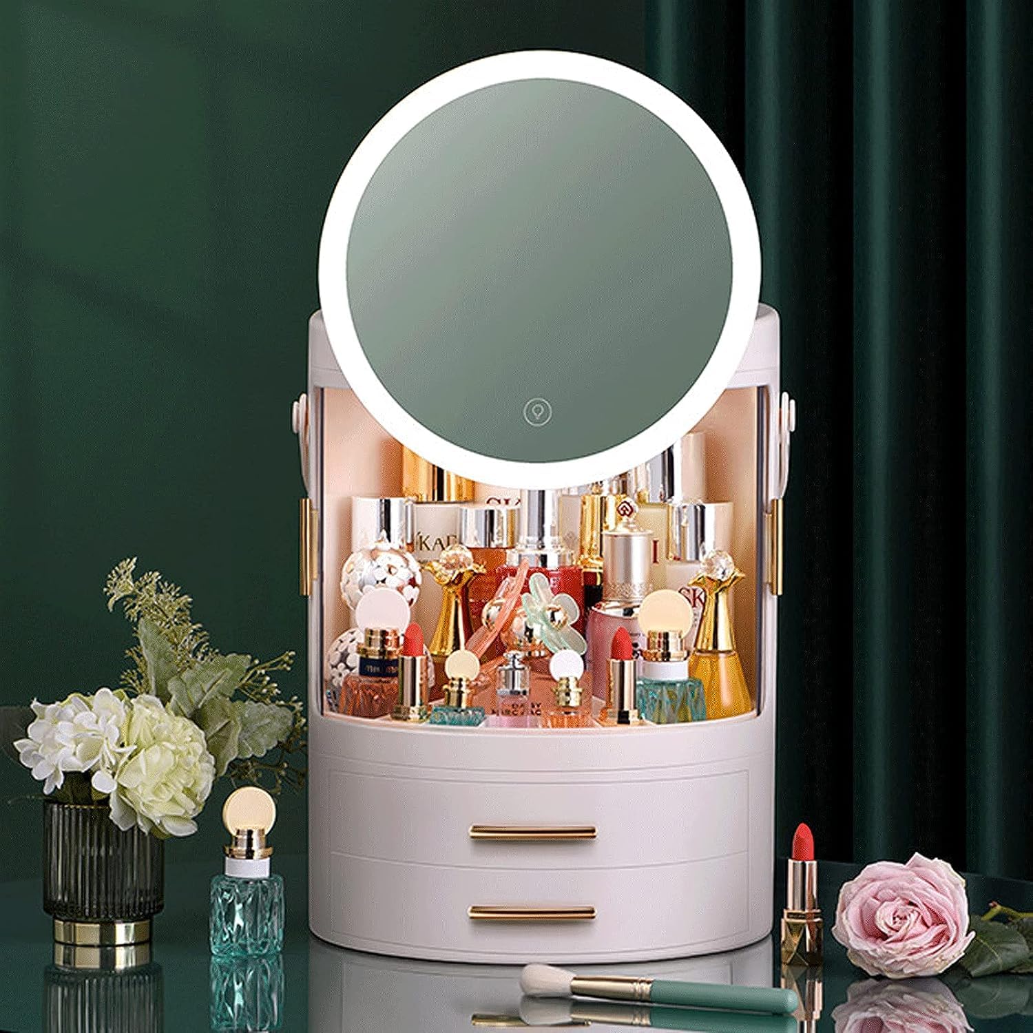 Obrotowy organizer na kosmetyki z obracającymi się o 360 stopni diodami LED Vanity Full Mirror Przenośny stojak na kosmetyki (Color : Ivory White)