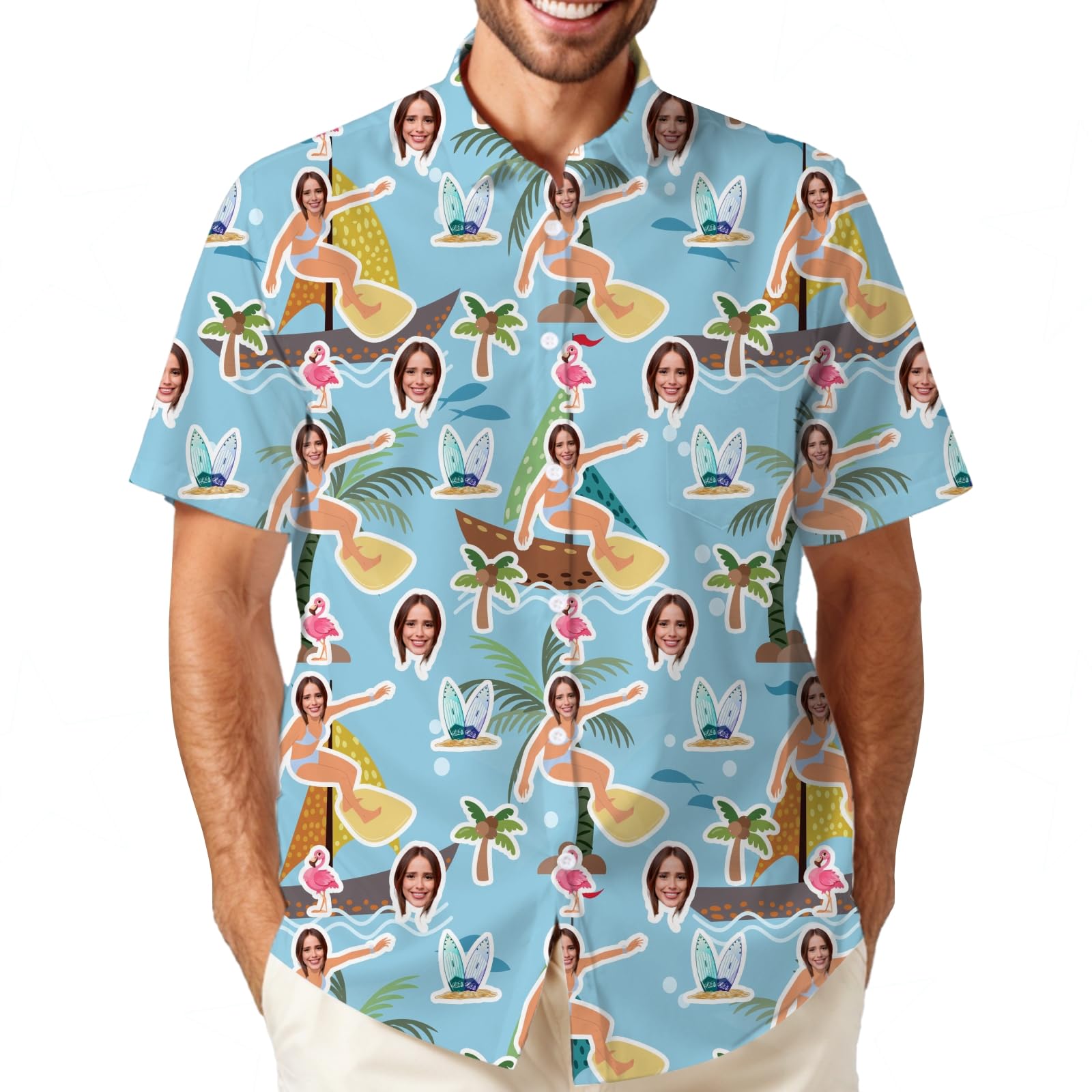 Custom Camisas personalizadas con botones, añade tu imagen para hombres y mujeres, camisetas personalizadas de viaje, manga corta, cuello en V, divertida camisa hawaiana con cara personalizada con botones y