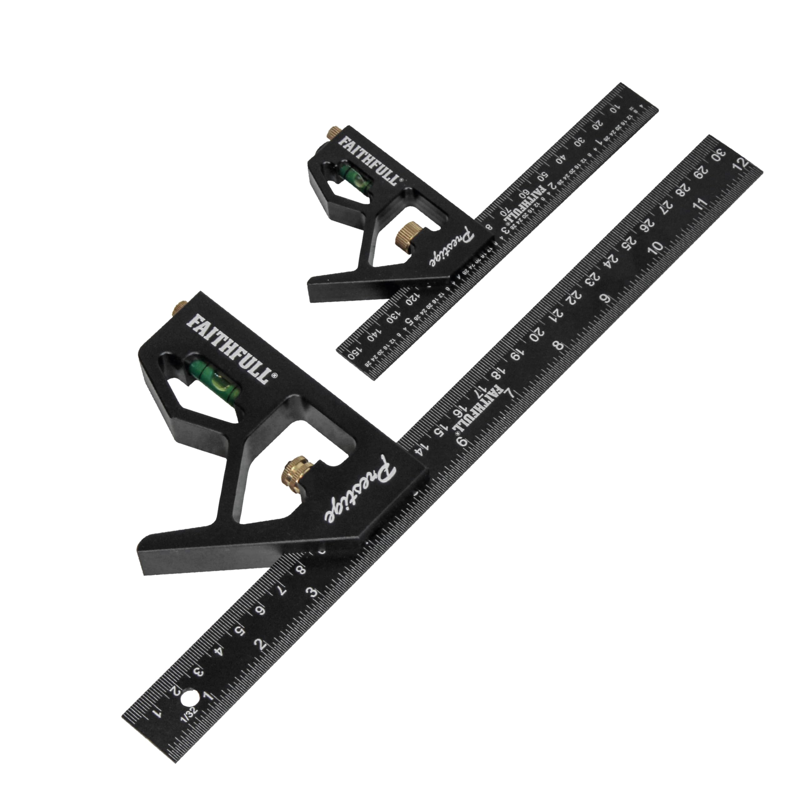 Faithfull Black Prestige Combination Square Twin Pack Aluminium 150Mm (6In) & 300Mm (12In) – Multi-Function Measuring & Layout Tools With Spirit Level & Marking Scribe For Woodworking & Metalwork