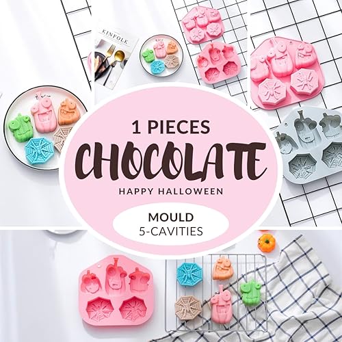 Miniatura 4 de KAISHANE 1 molde de chocolate de Halloween, molde de silicona de 5 cavidades, diferentes formas de calabazas de Halloween y telarañas, moldes de