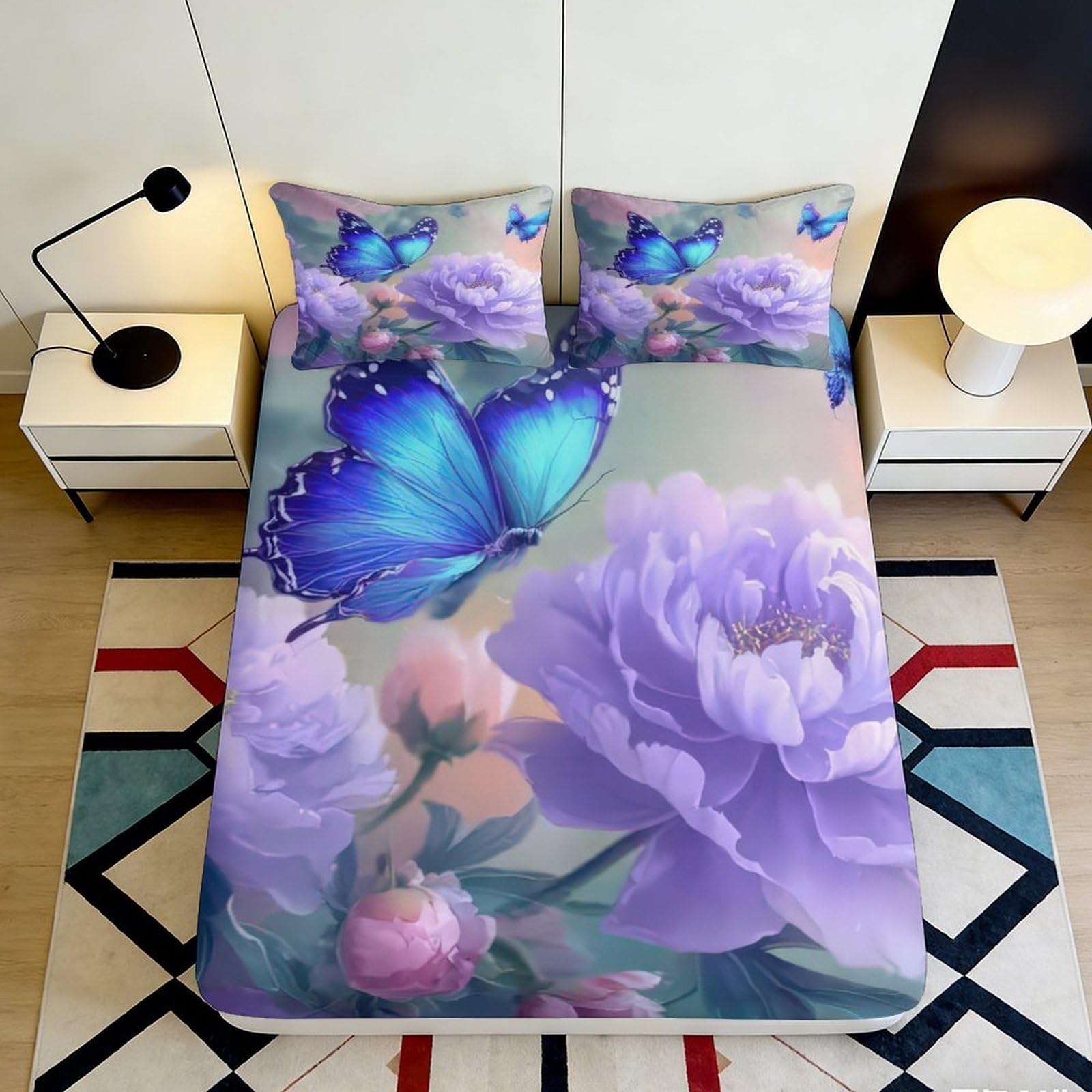 3D Printed Blue Butterfly Fitted Sheet Microfiber Non Slip Purple Peony Mattress Cover for Bedroom Guest Room Washable Decor 140x200x25cm