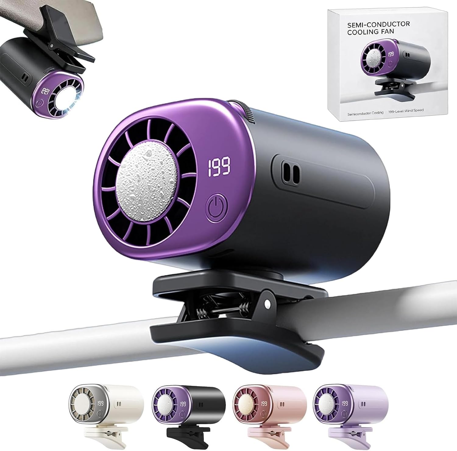 Car Clip on Air Conditioner Fan with Led Display 360° Rotation, 199-Speed Car Clip on Air Conditioner Fan, 16°C Semi-Conductor Cooling, for Vehicle, Office, Outdoor Use (Grayish black)