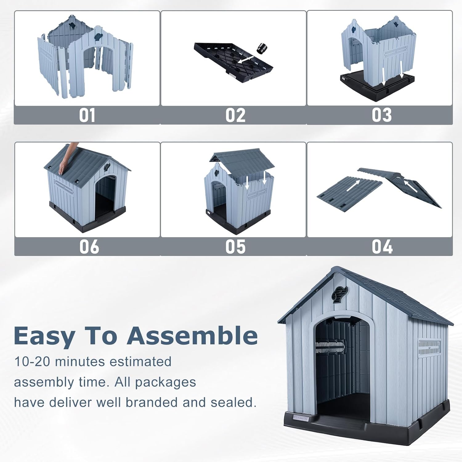 LEMBERI Large Plastic Dog House for Medium Large Dogs, Durable Waterproof Indoor Outdoor Doghouse with Air Vents and Elevated Floor, Easy to Assemble (Gray, 40" L x 37.2" W x 40" H)