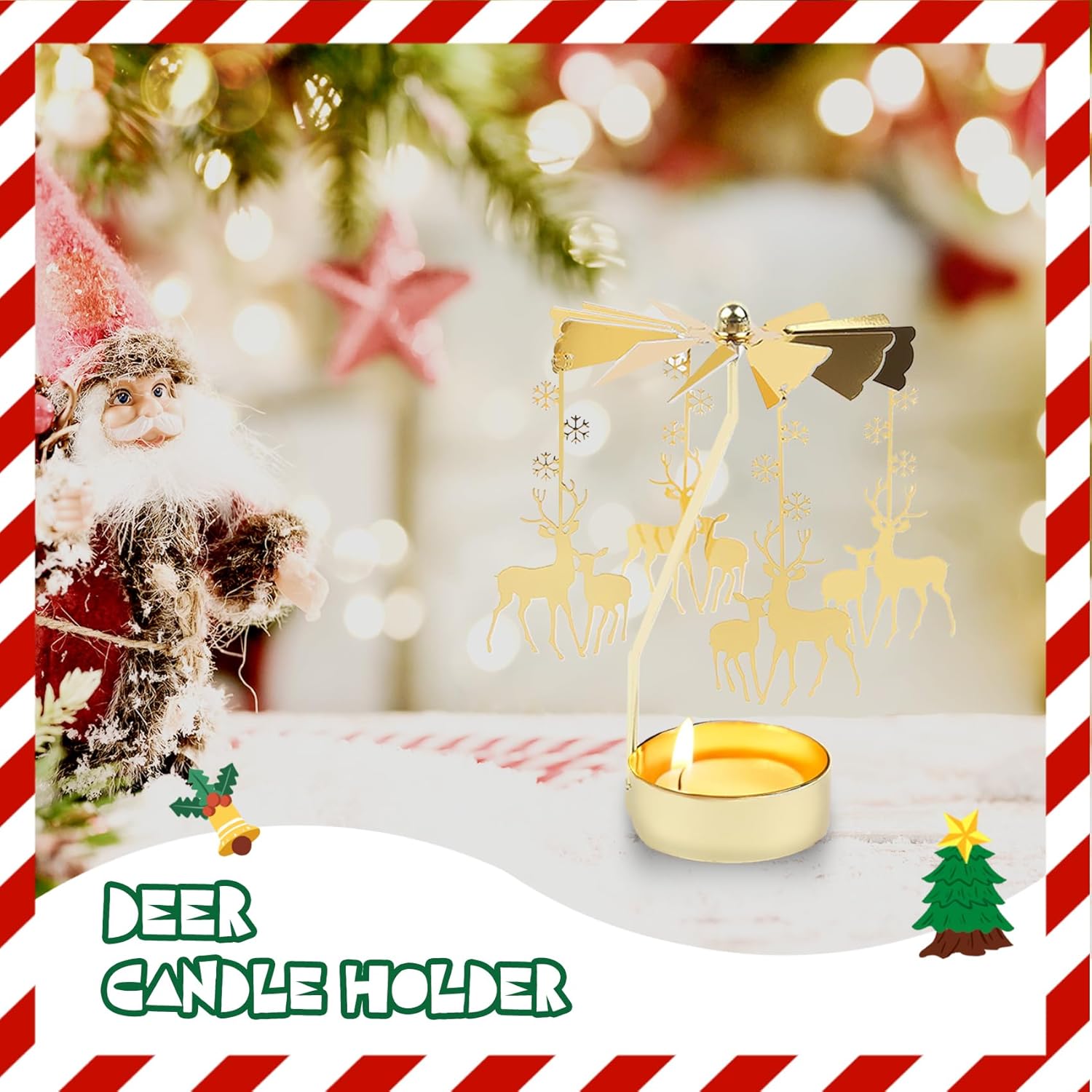 Rotating Candle Holder, Gold, 8x8x12cm, Multi-purpose, Christmas, Wedding, Birthday, Valentine's Day