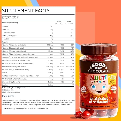 Miniatura 2 de Good Day Chocolate Multivitamínico completo para niños, suplemento diario de vitaminas A, B6, B12, C, D, E, folato y biotina, 0.07 oz de azúcar,