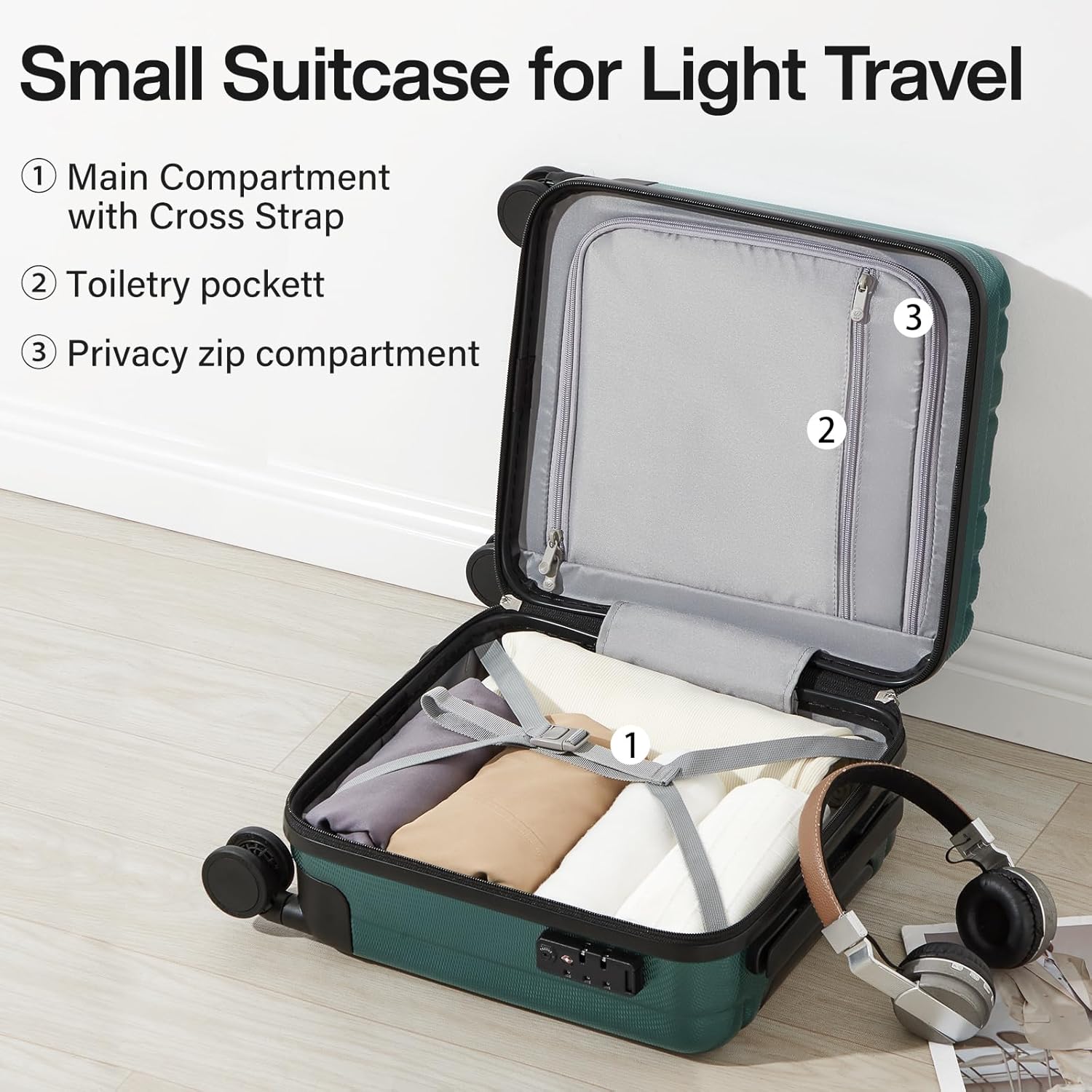 Hanke 14 Inch Underseat Carry On Luggage with Wheels Hard Shell Suitcases Lightweight Small Luggage for Weekender Mini Suitcase Carry On Bag Travel Luggage for Travel Rolling Suitcase.(Blackish Green) - Image 6