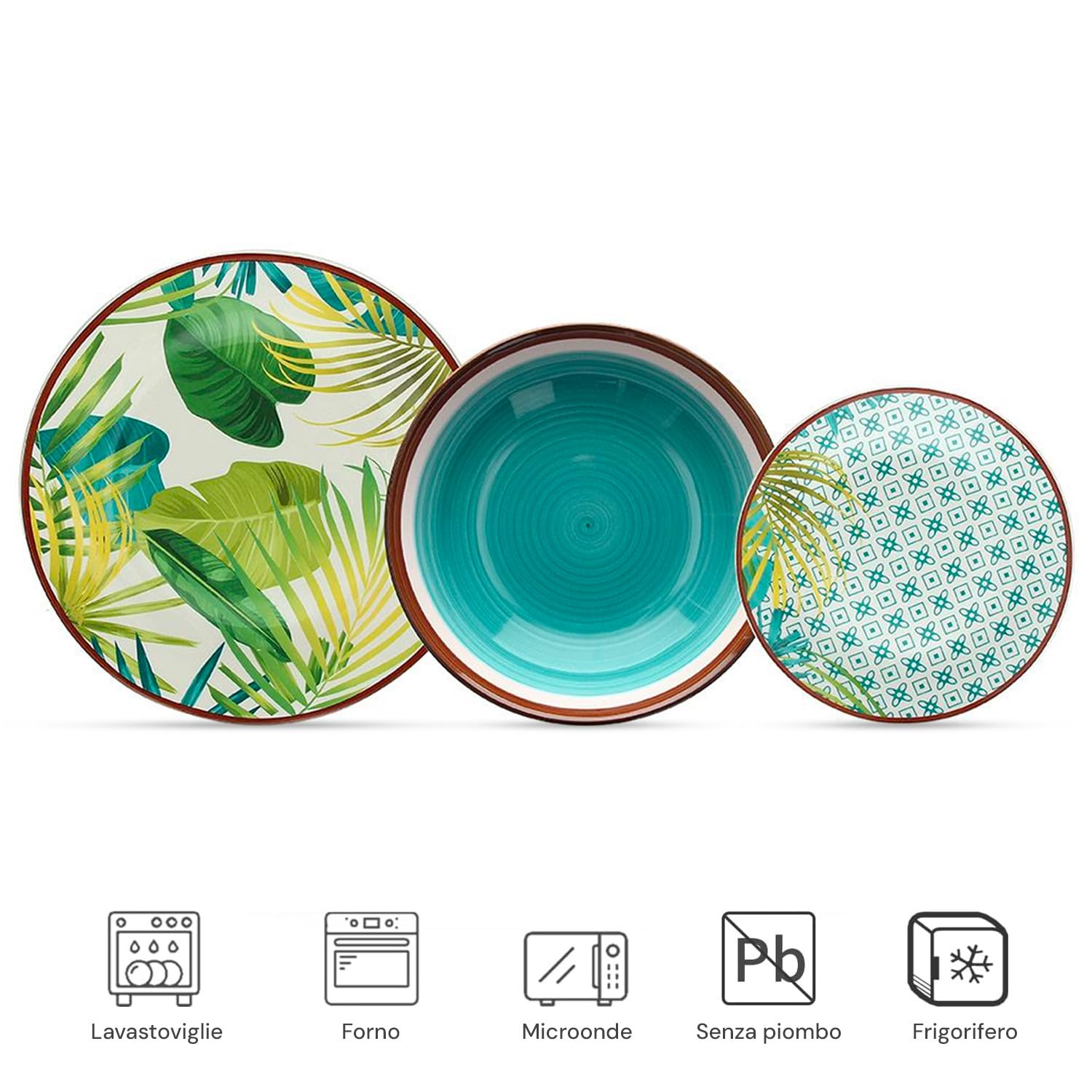 Avilia Servizio da Tavola 18 Piatti in Porcellana Resistente con Design Botanico Tropicale - Ideale per Uso Quotidiano con Piatti Piani, Fondi e da Frutta - Versatili e Lavabili in Lavastoviglie