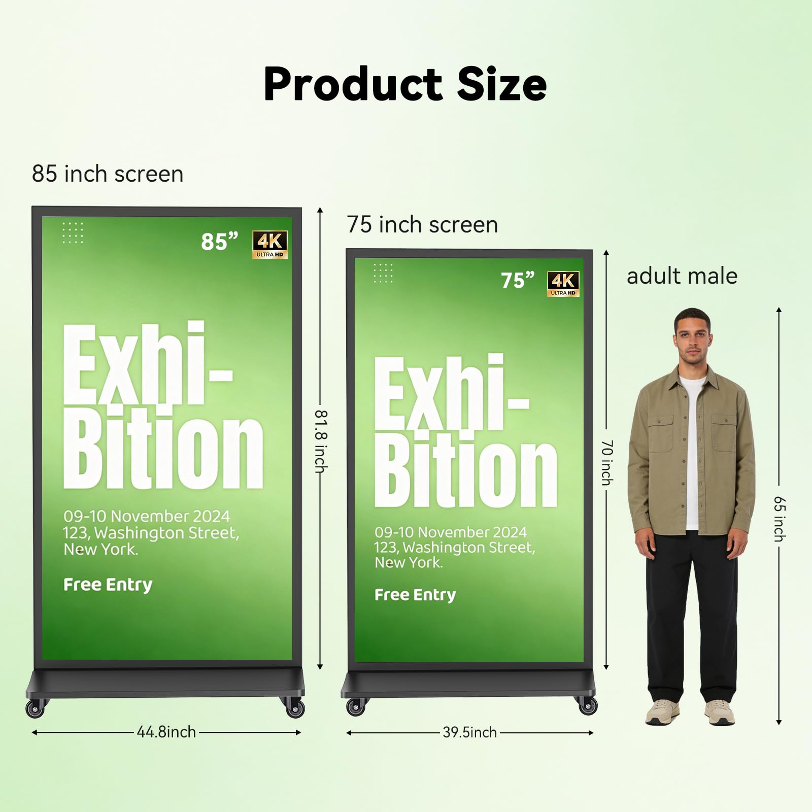 MWE 85 Zoll Digitaler Kundenstopper, 4K UHD Digital Signage Display, Full-Screen LCD Digital Customer Stopper, Werbedisplay mit Rollen, geeignet für Restaurant, Einkaufszentrum, Einzelhandel