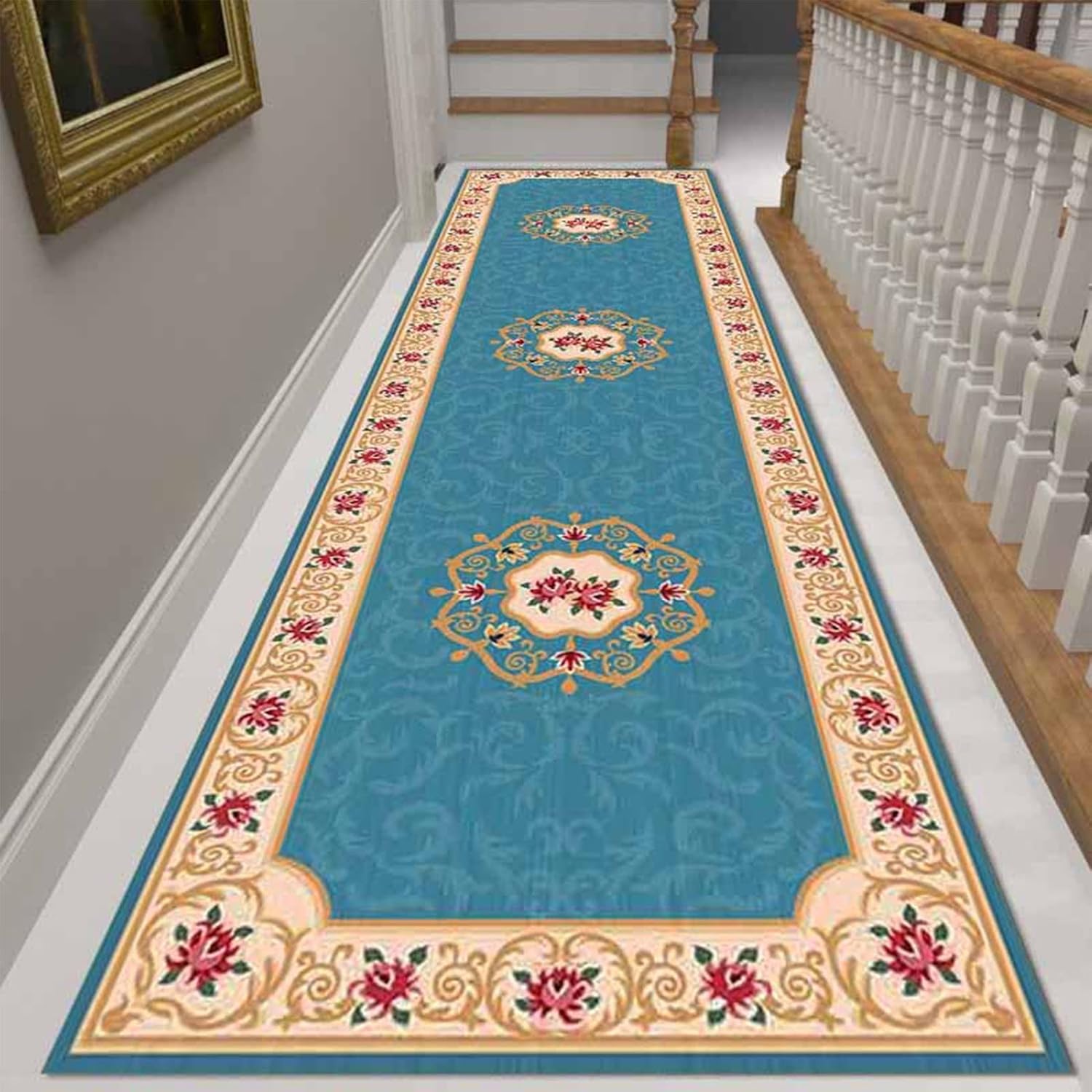 ANEEZ Blue Carpet Runners, Hallway Runner Rug with Rubber