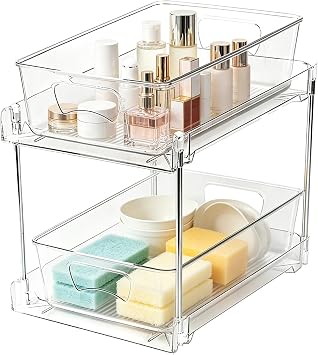 Pull Out Bathroom Organizer - Under Sink Organizers, 2 Tier Pull Out Storage Drawer, Sliding Cabinet Storage Shelf for Kitchen, Laundry, Vanity, Space Saving Organizer for Toiletries Cleaning Supplies