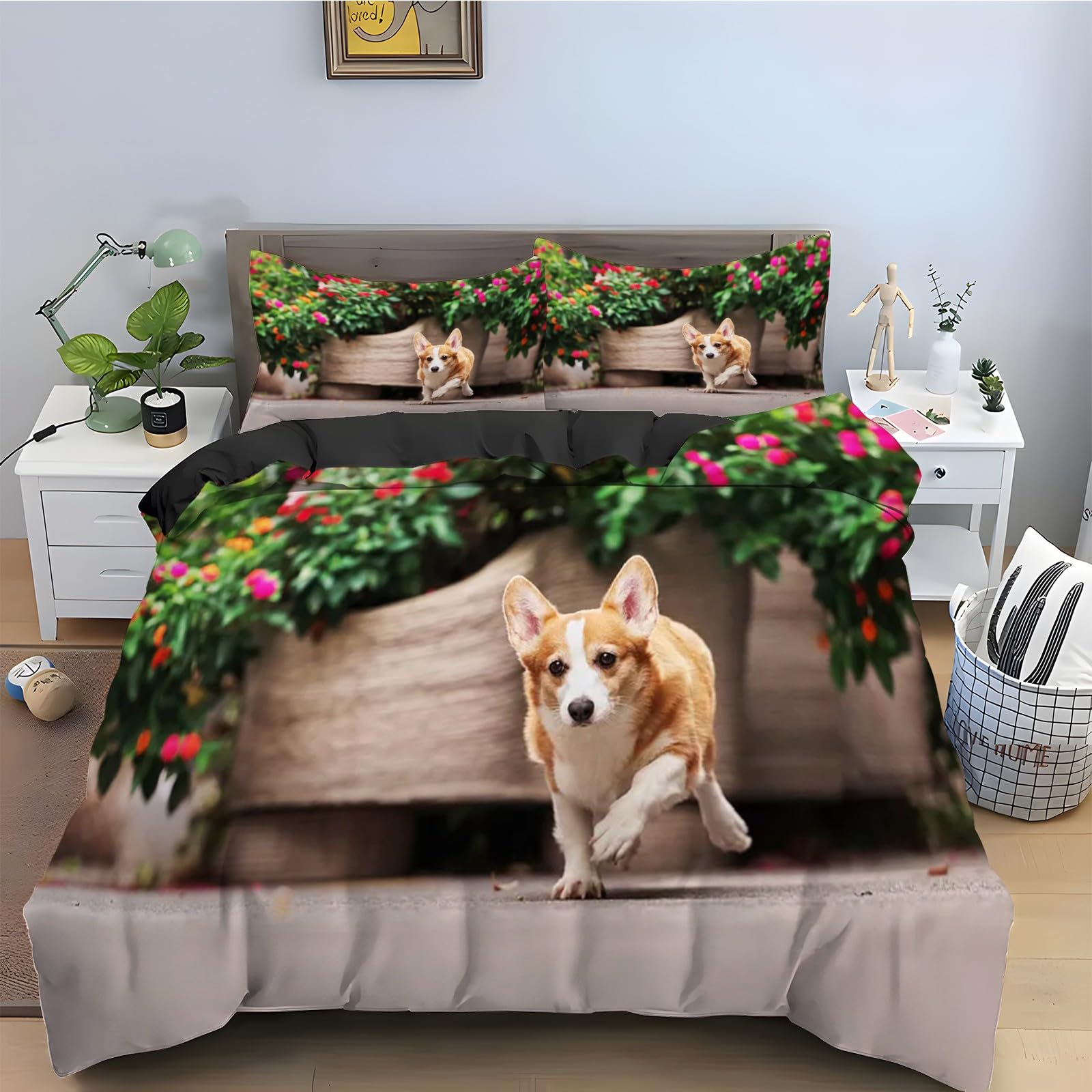 Housse de couette 240x260 Corgi ensemble de literie 3 pièces parure de lit fleurs