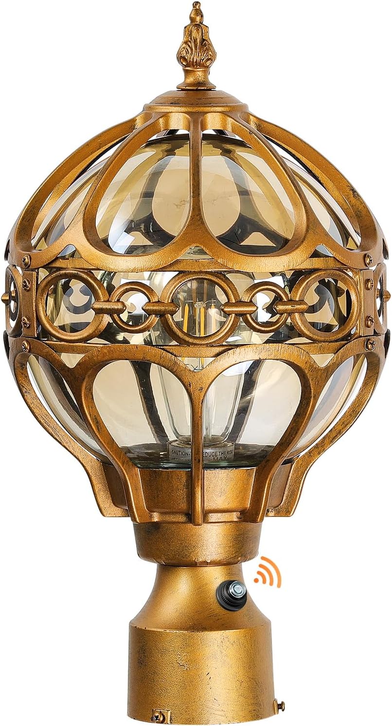 Dusk to Dawn Brass Outdoor Post Lights, Exterior Waterproof Rustproof Sphere Outside Post Lamps Fixture, Farmhouse Aluminum Pillar Lantern for Porch House Pathway Fence Yard Garden Patio?With Sensor Brass-sensor Large 9''-1PACK