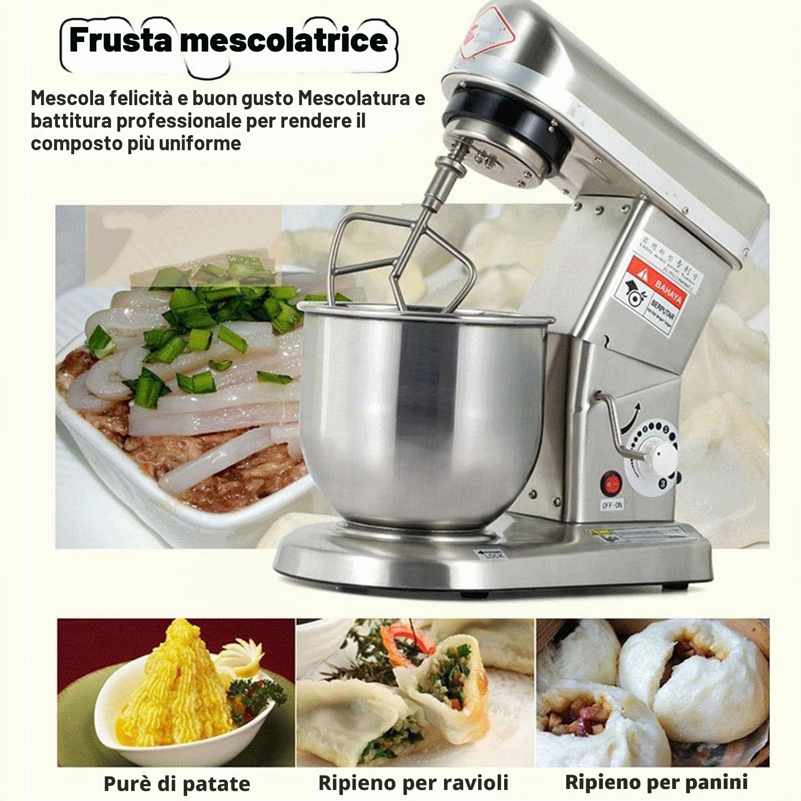 PixCy Impastatrice Planetaria,Ciotola 5 L/7L/10L,Accessori - Frusta,Gancio Impastare E Mescolatore,Impastatrice per Pizza,Pane E Dolci - Perfetta per Ogni Cucina 5L-White