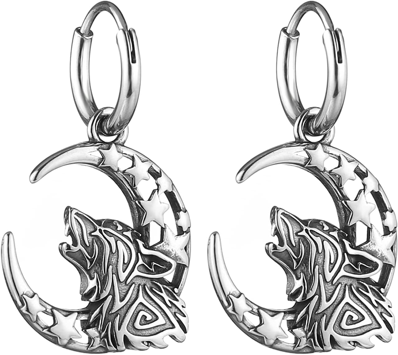 HZMAN Viking Wolf Dangle Drop Earrings for Men Women Stainless Steel Retro Gothic Punk Howling Wolf Moon Earring Biker Party Jewelry Gift