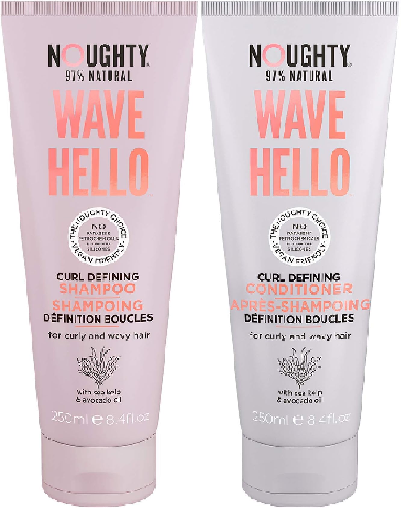 Noughty 97% Natural Wave Hello Shampoo and Conditioner, Vitamin-Rich Formula for Curly and Wavy Hair, with Marine Algae and Avocado Oil, Vegan Hair Care Without Sulfates 2 x 250ml