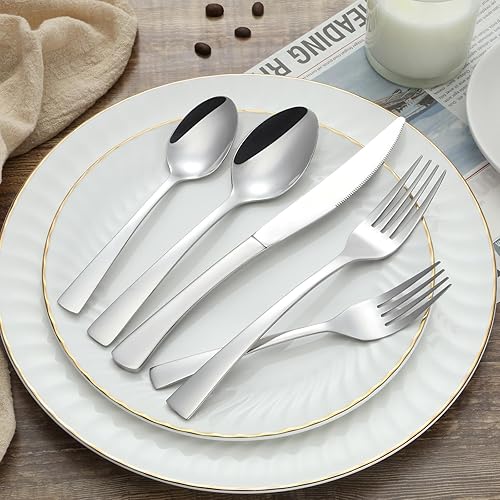 Miniatura 8 de BEWOS Juego de cubiertos de 40 piezas de acero inoxidable para 8, tenedores, cucharas y cuchillos, juego de cubiertos pulidos con espejo, juego de