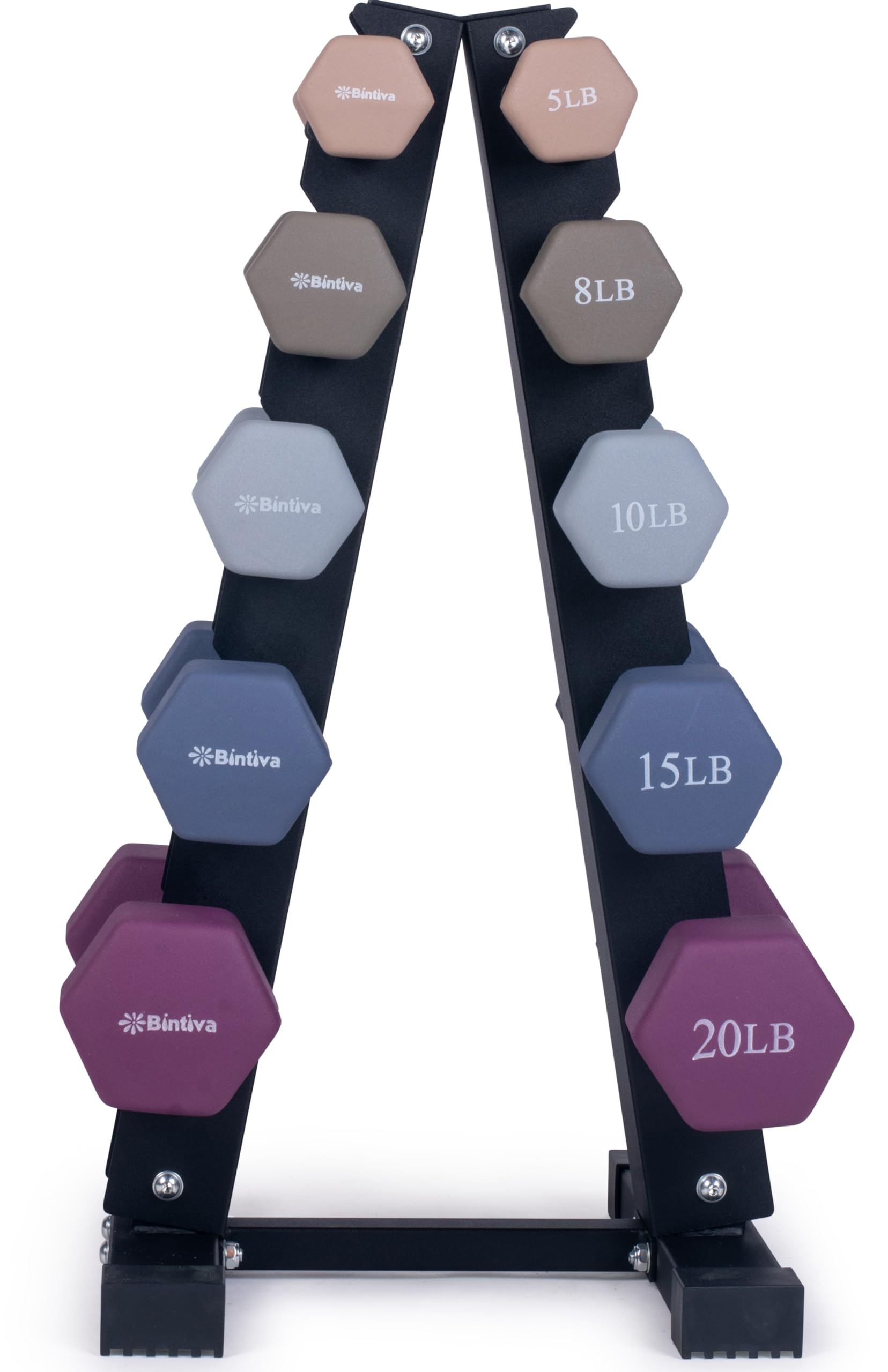 Dumbbell Set with Rack - Neoprene Coated Weights - Hex Color Coded Dumbell Pairs 1-20 LBs