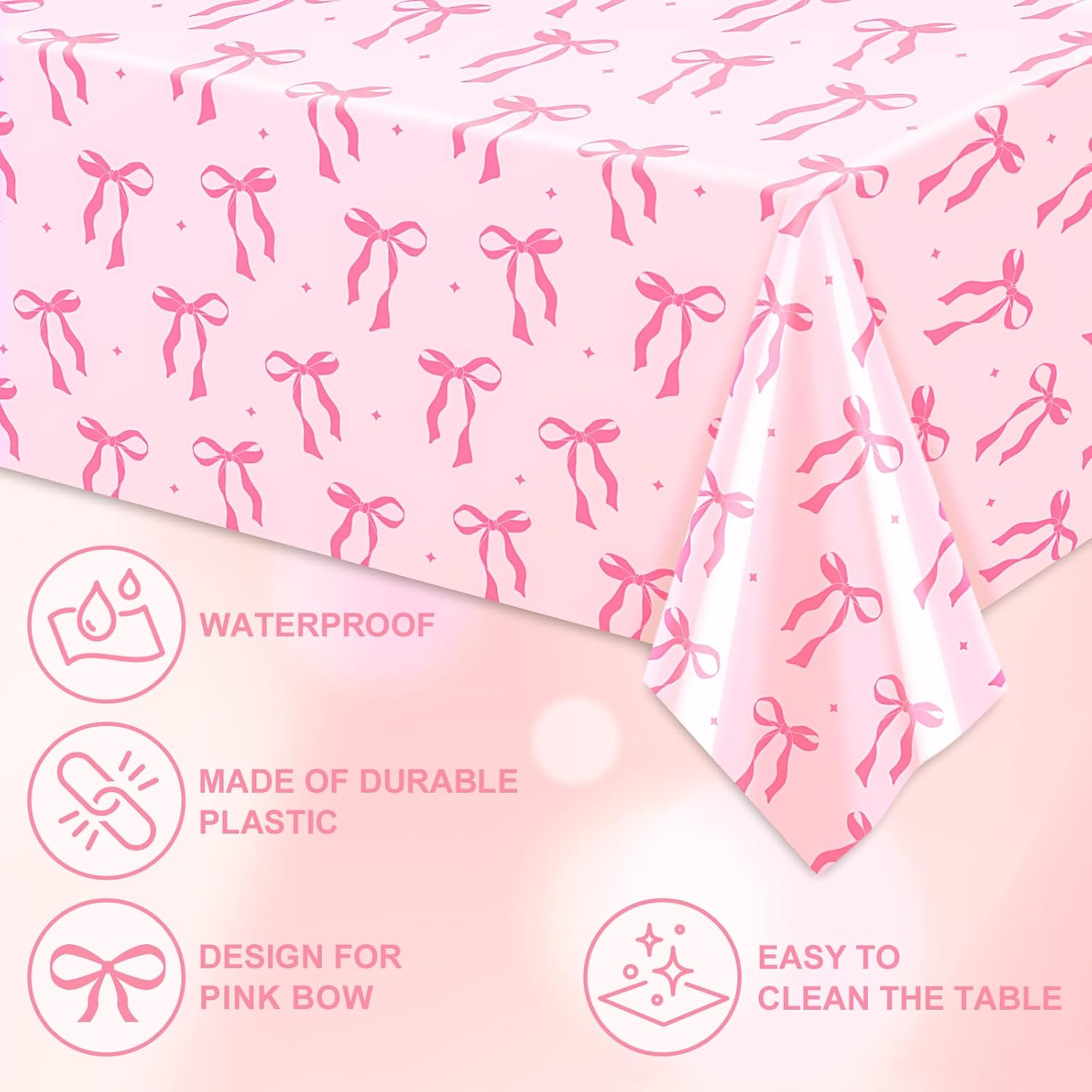 FYSUIMU 6Pcs Pink Bow Tablecloth Coquette Birthday Decoration 54 x 108 Inch Bowknot Plastic Table Cover Rectangle Table Cloth for Girls Bridal Shower Bachelorette Party Decor Supplies
