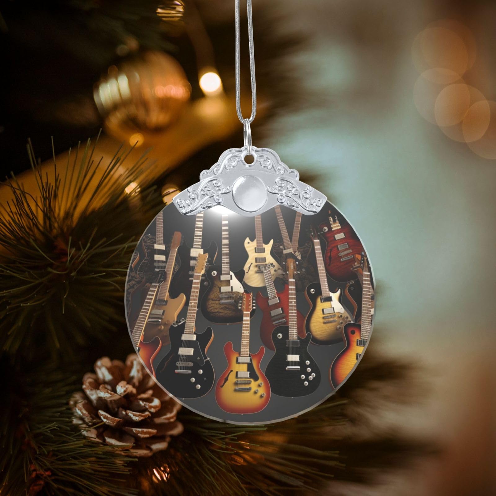 Crystal Christmas Ornaments for Christmas Tree Decoration Hanging Guitars Ornament with Gold Ribbon Crafts Round Pendant for Keepsake Gifts Glass Xmas Decor Party Supplies