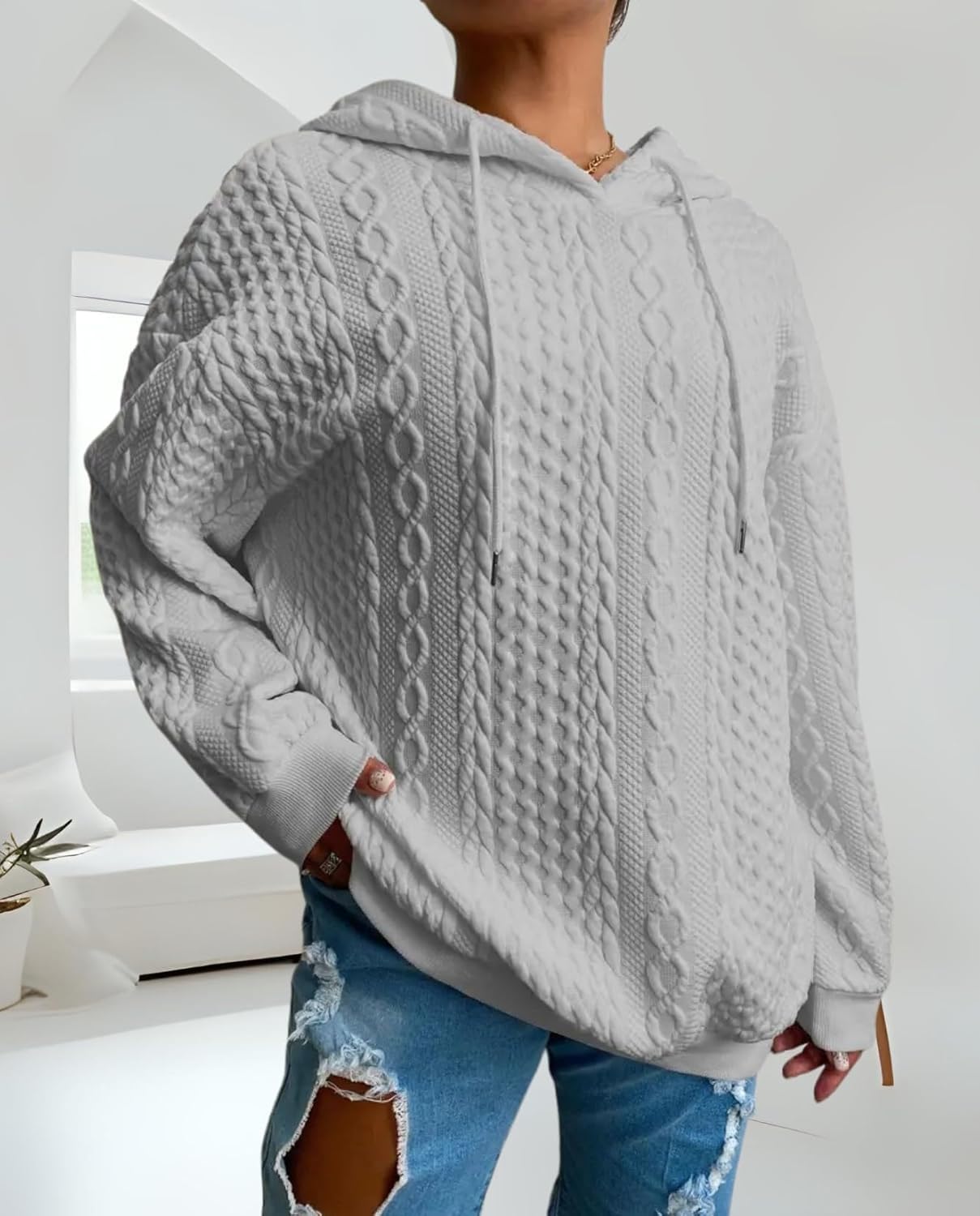 Women's Hooded Sweater - Oversized Solid Color Warm Autumn Winter Wear for Vacation Daily Use - Image 5