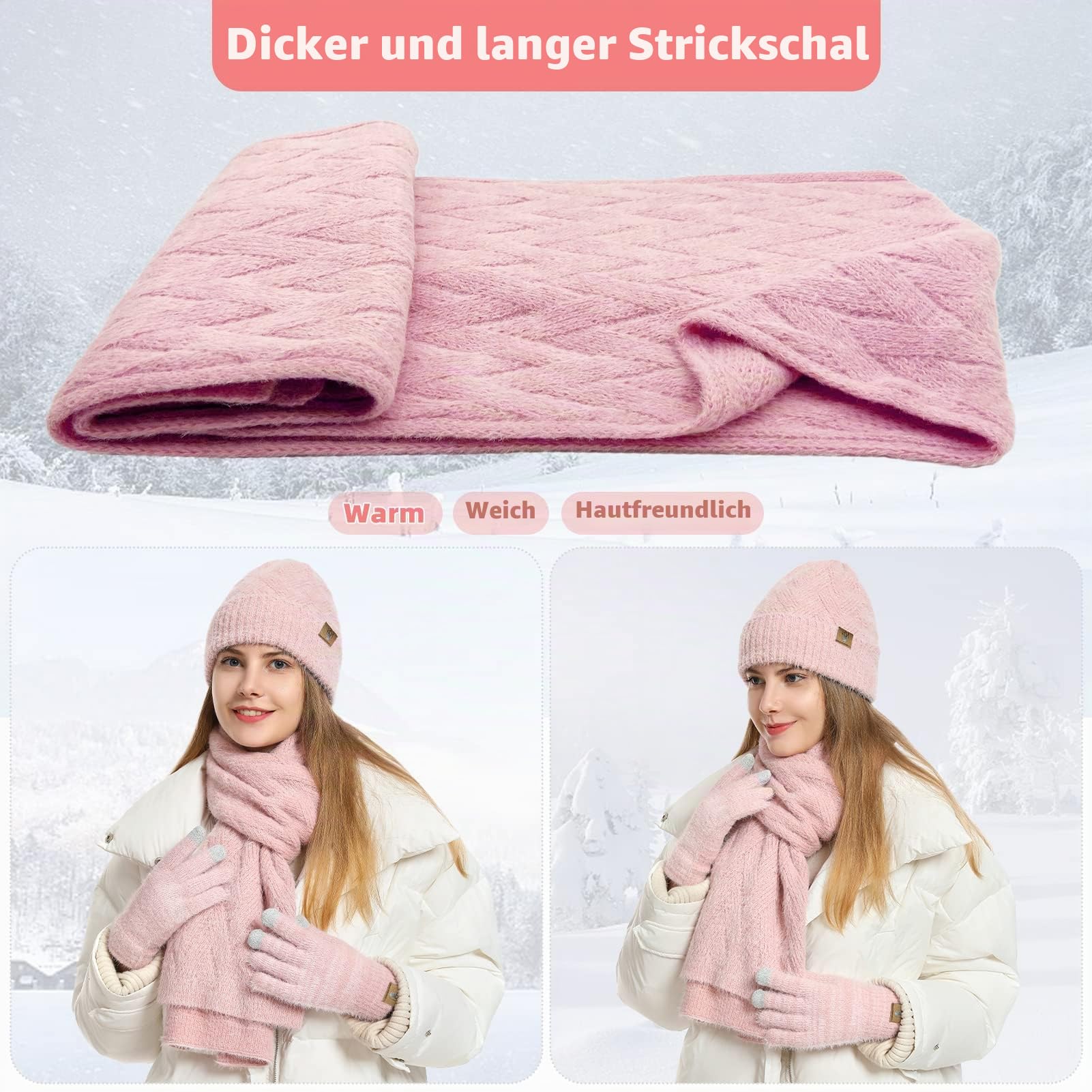 Mütze Schal Set und Handschuhe für Damen Beanie Mütze Winter mit Fleecefutter and Touchscreen Handschuhe Langer Schal 3 in 1 Set