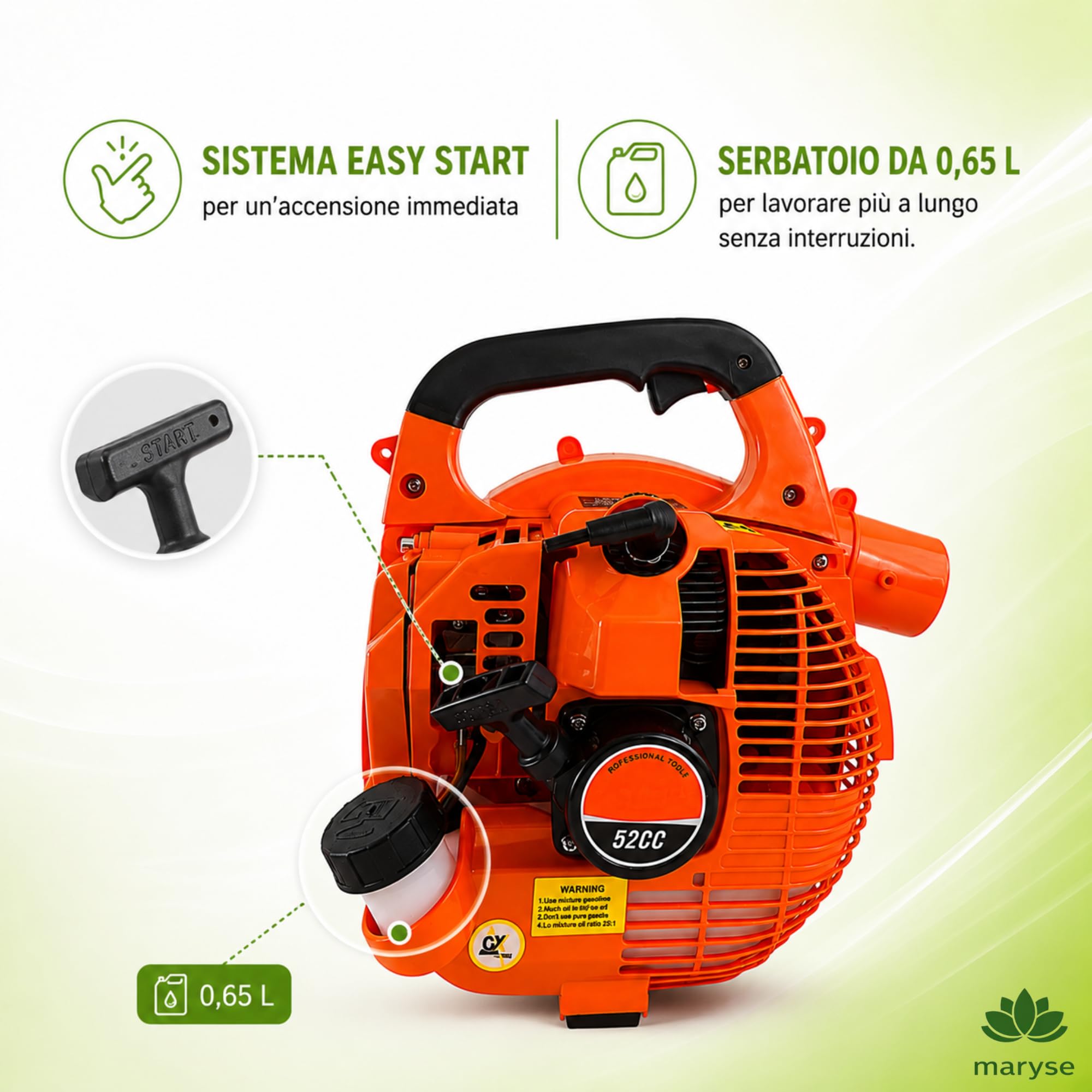 Soffiatore a Scoppio 52 cc LEGGERO – AVVIAMENTO FACILE - Motore 2 Tempi da 1500 W – Getto d’Aria 65 m/s per Rimozione Foglie e Detriti – Impugnatura per COMFORT UTILIZZO - Serbatoio 0,65 L